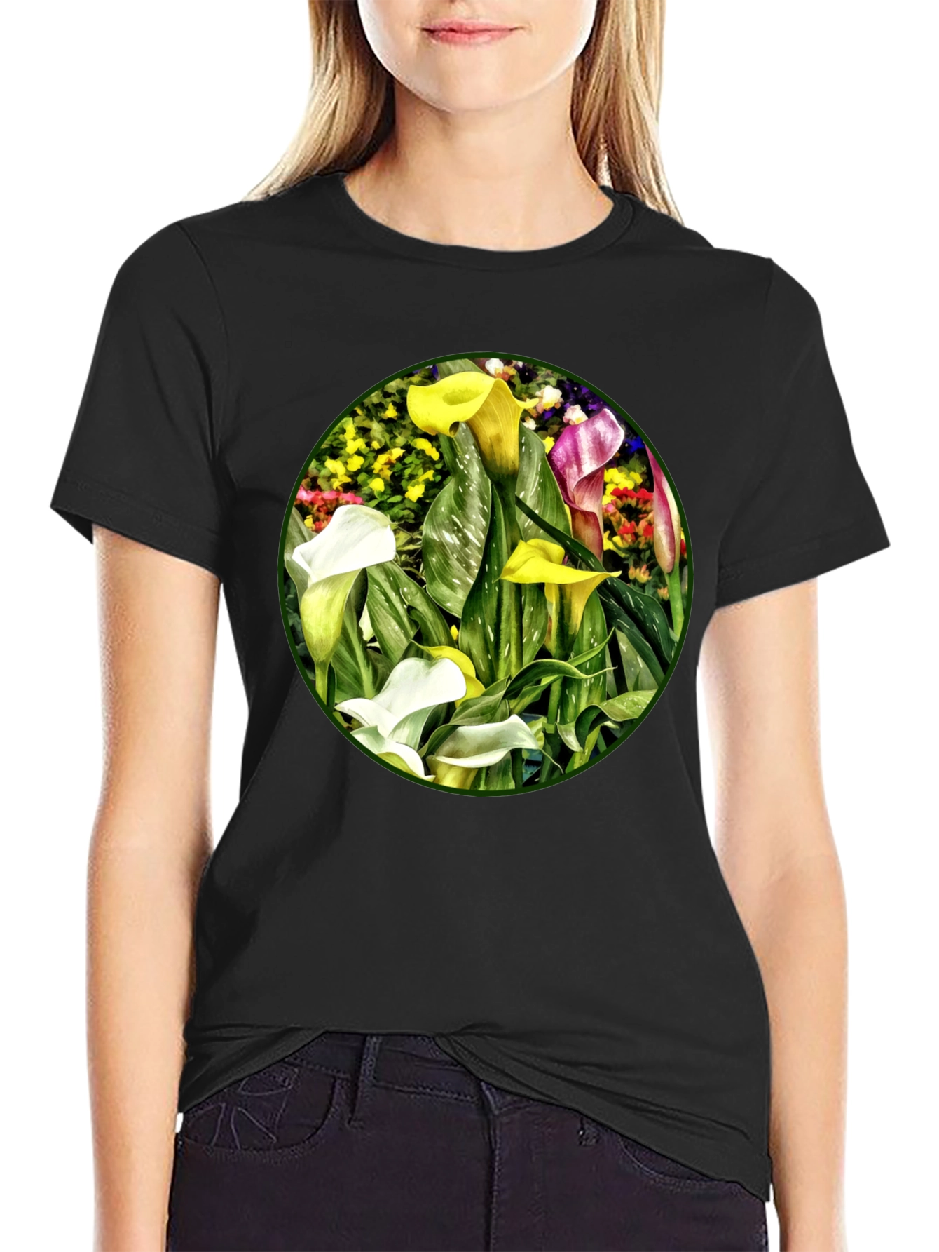 Calla Lily Graphic Print Black T-Shirt