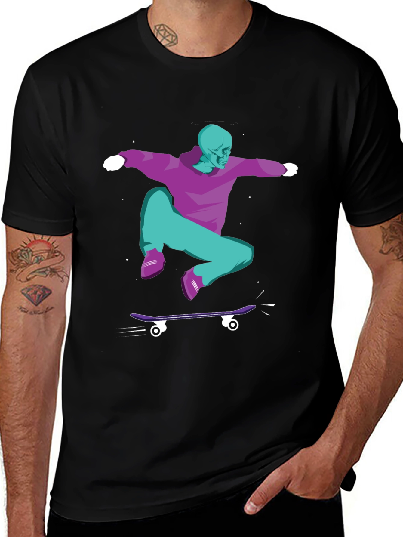 Skateboarding Skeleton Graphic Tee - Black