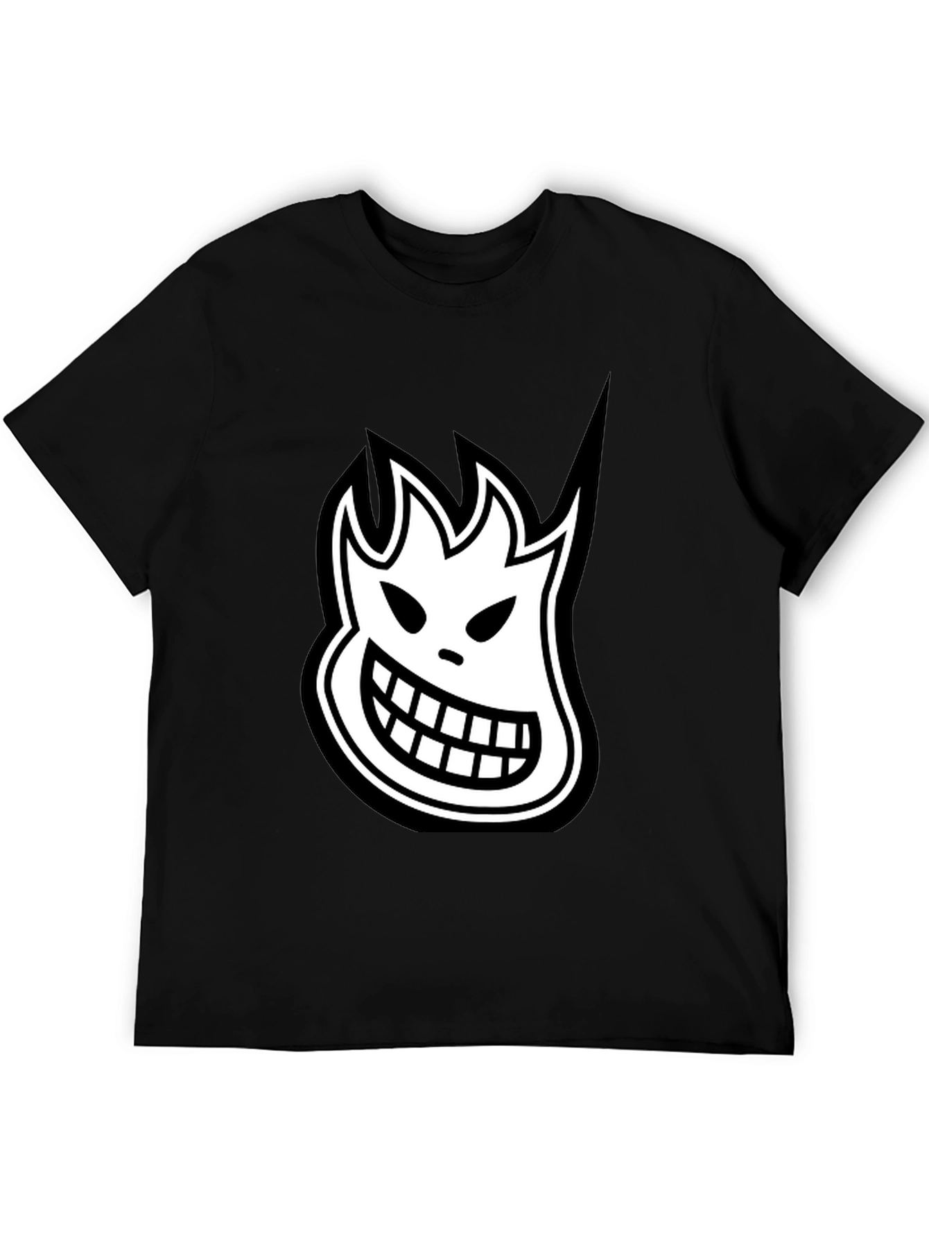 Black T-Shirt with White Cartoon Flame Face Graphic