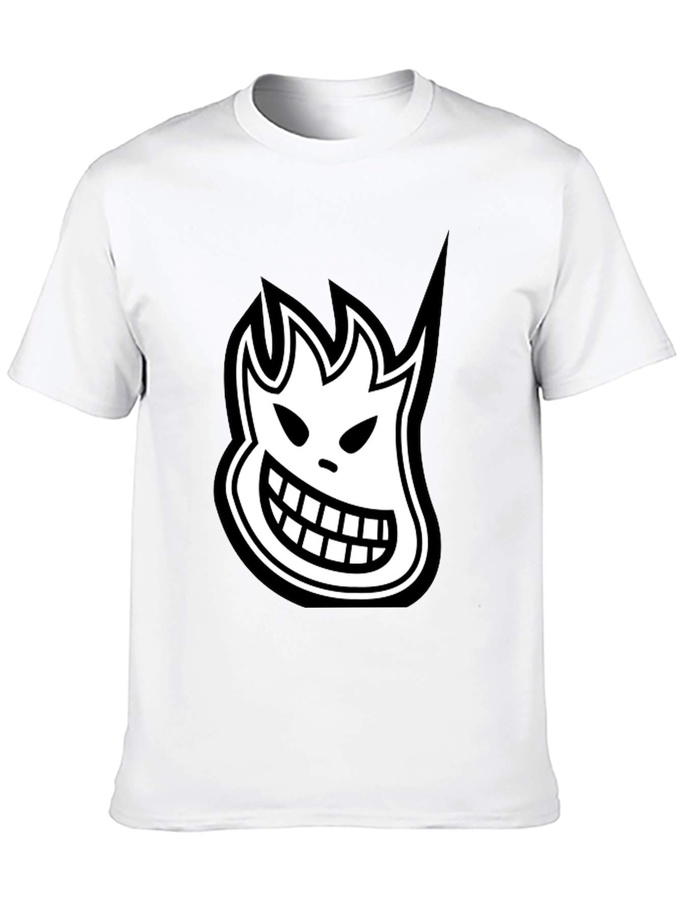 Black T-Shirt with White Cartoon Flame Face Graphic