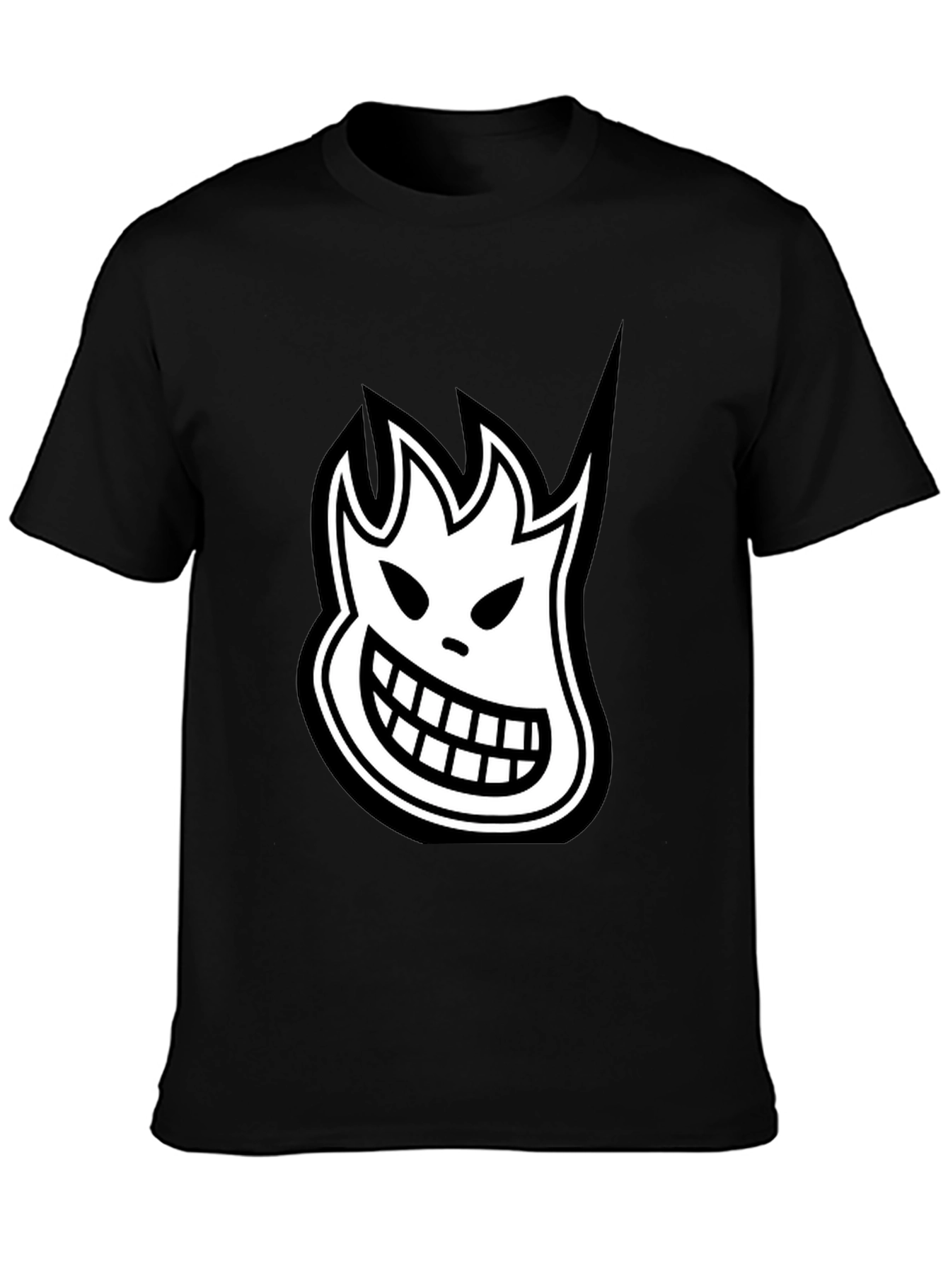Black T-Shirt with White Cartoon Flame Face Graphic