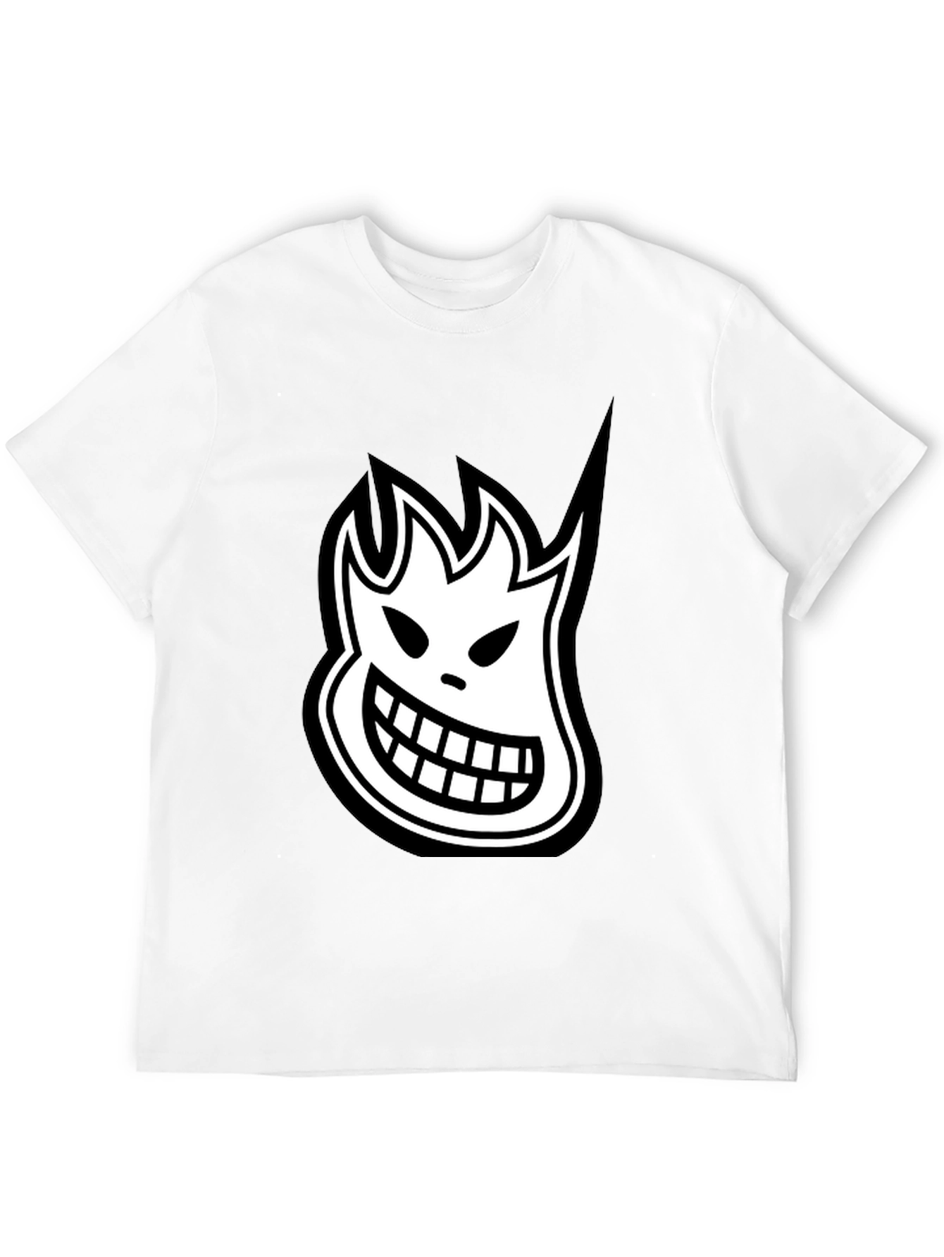 Black T-Shirt with White Cartoon Flame Face Graphic