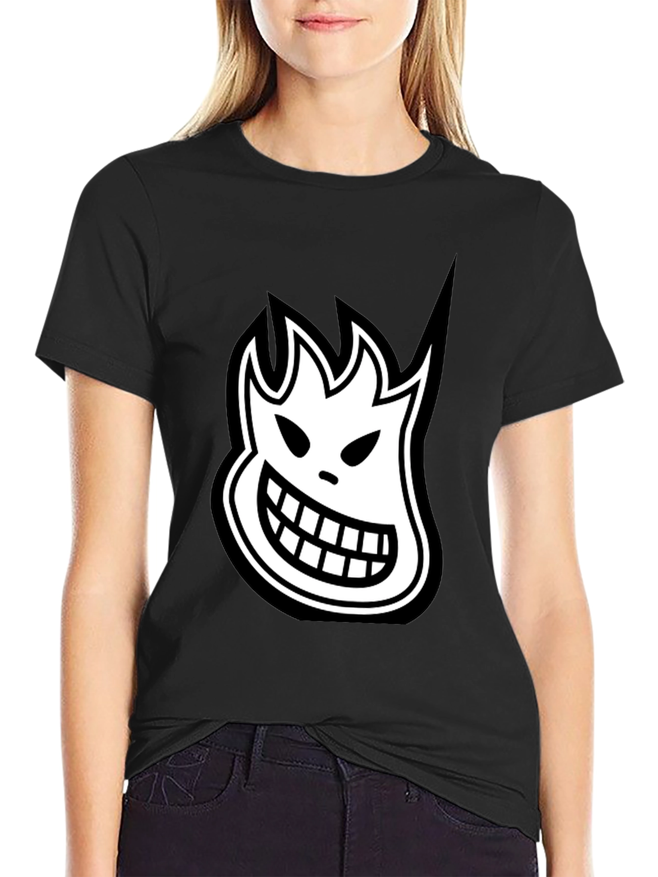 Black T-Shirt with White Cartoon Flame Face Graphic