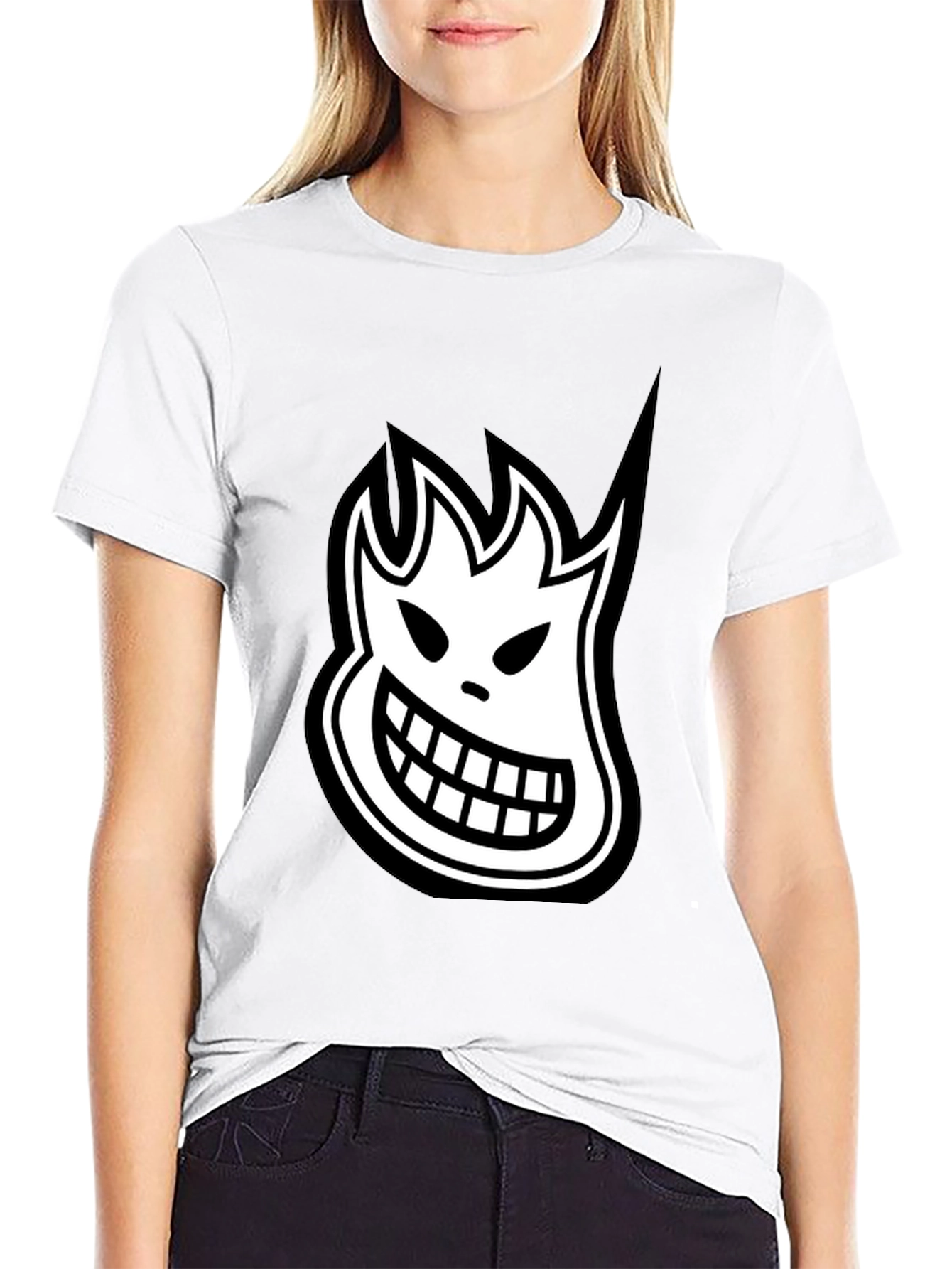Black T-Shirt with White Cartoon Flame Face Graphic