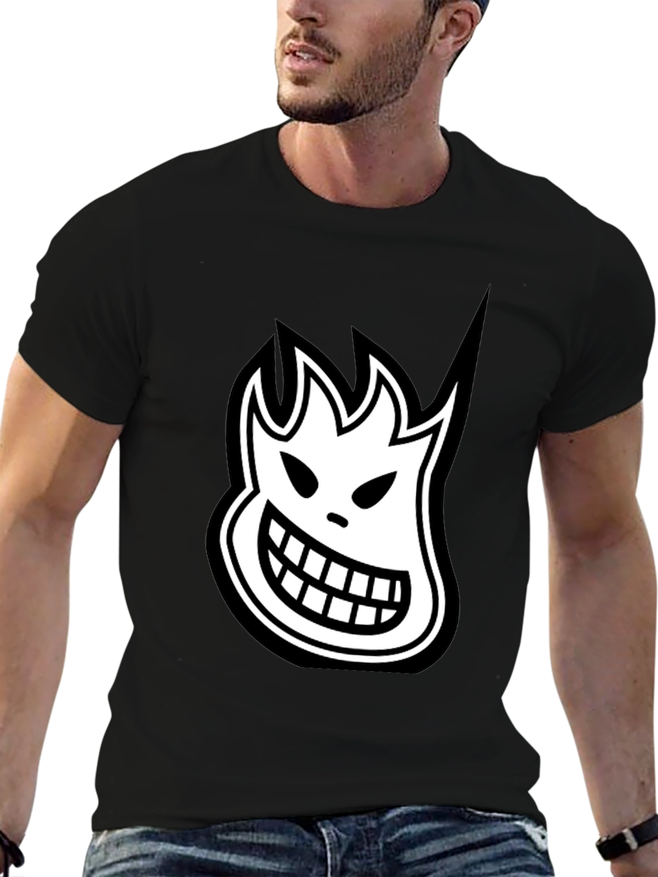 Black T-Shirt with White Cartoon Flame Face Graphic