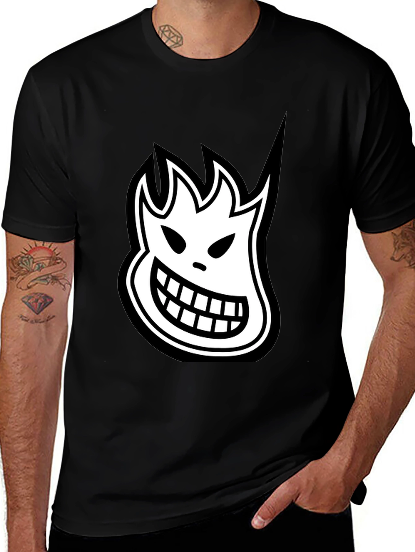 Black T-Shirt with White Cartoon Flame Face Graphic