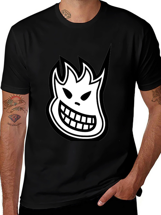 Black T-Shirt with White Cartoon Flame Face Graphic