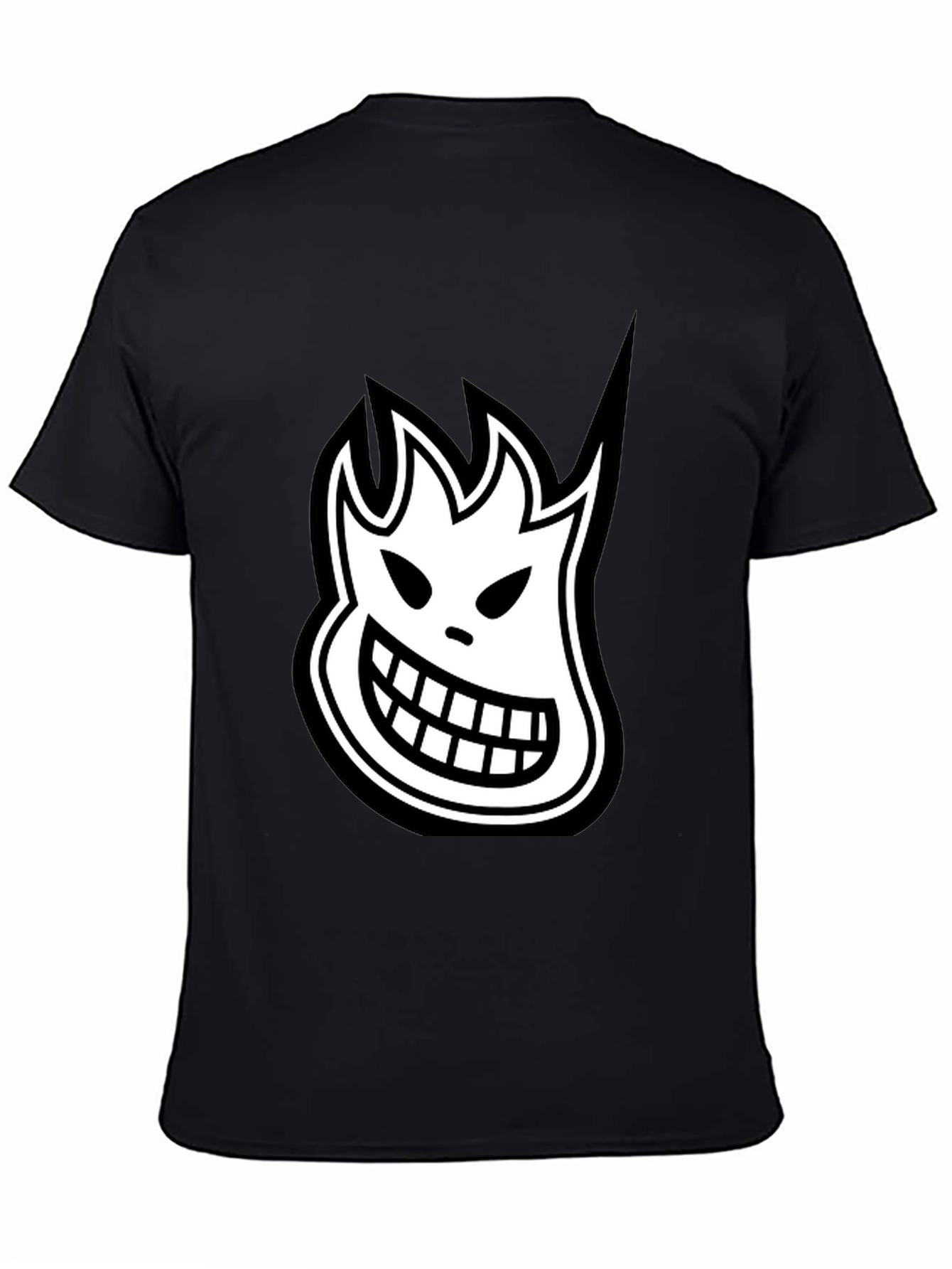Black T-Shirt with White Cartoon Flame Face Graphic