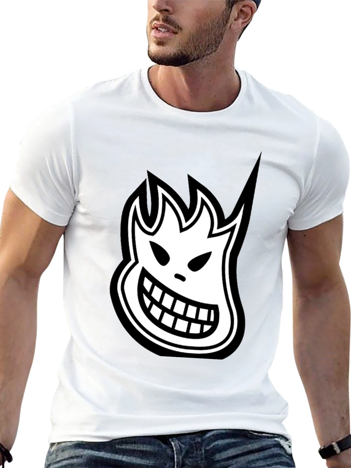 Black T-Shirt with White Cartoon Flame Face Graphic