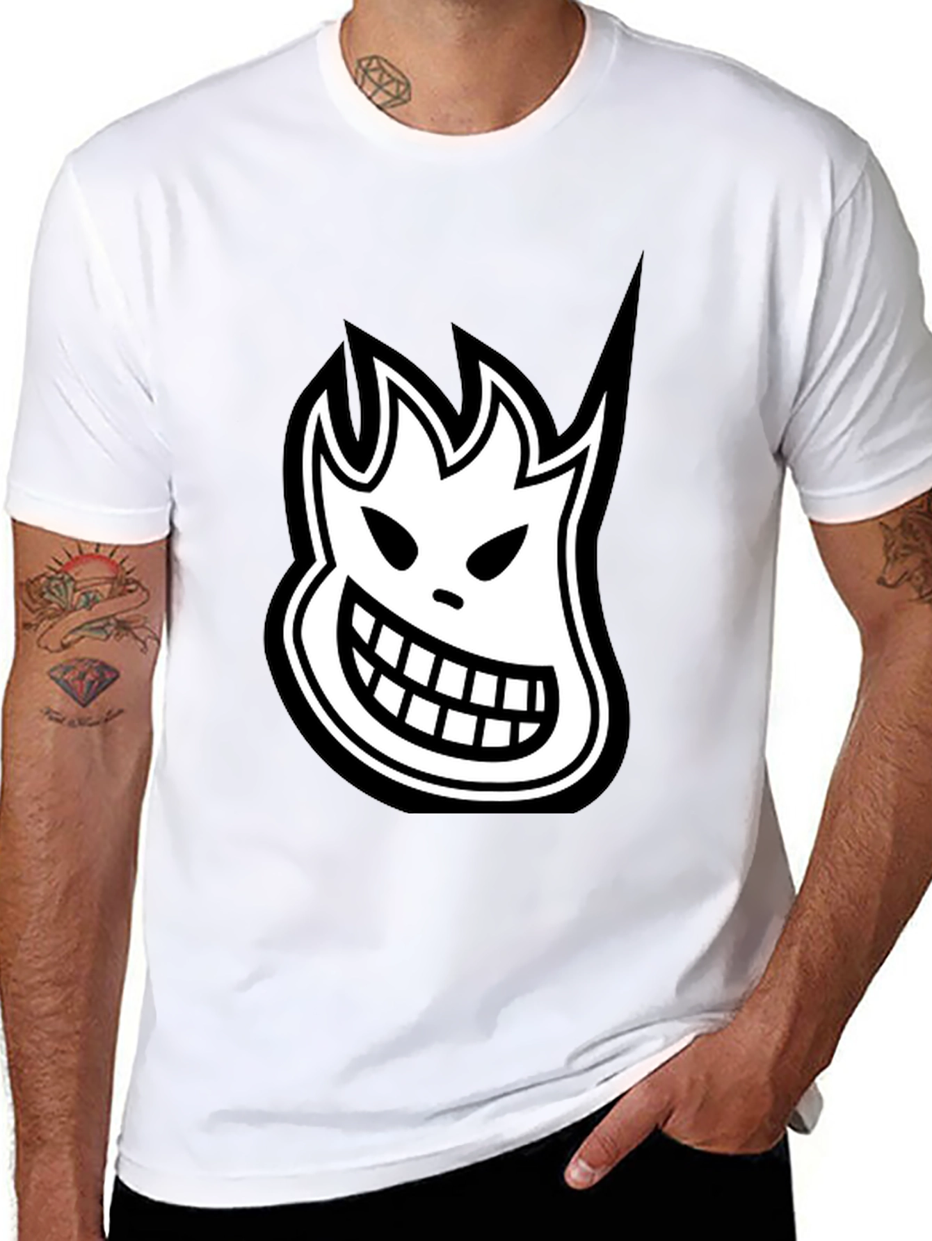 Black T-Shirt with White Cartoon Flame Face Graphic