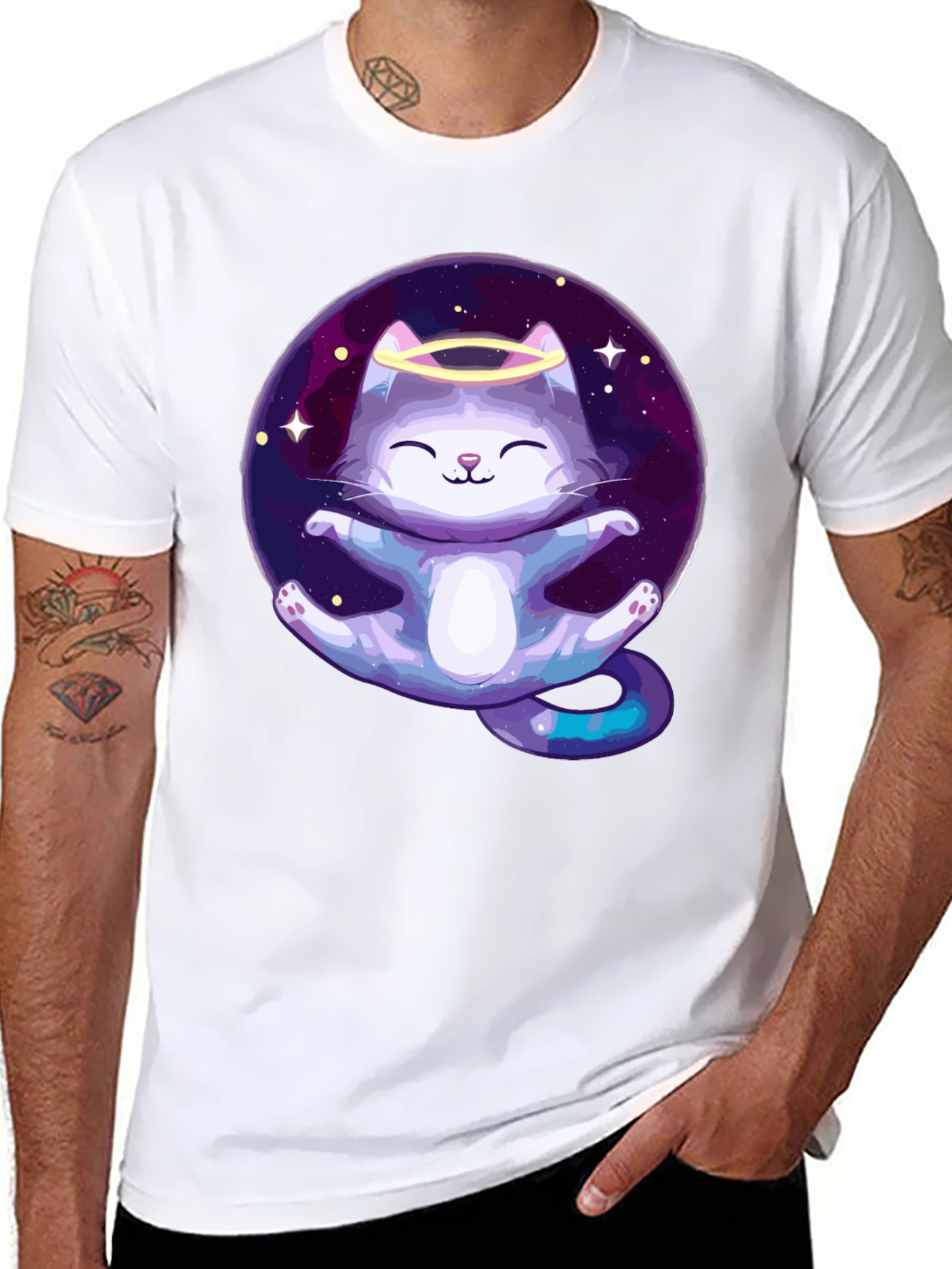 Cosmic Cat Angel T-Shirt - Black Cotton Tee