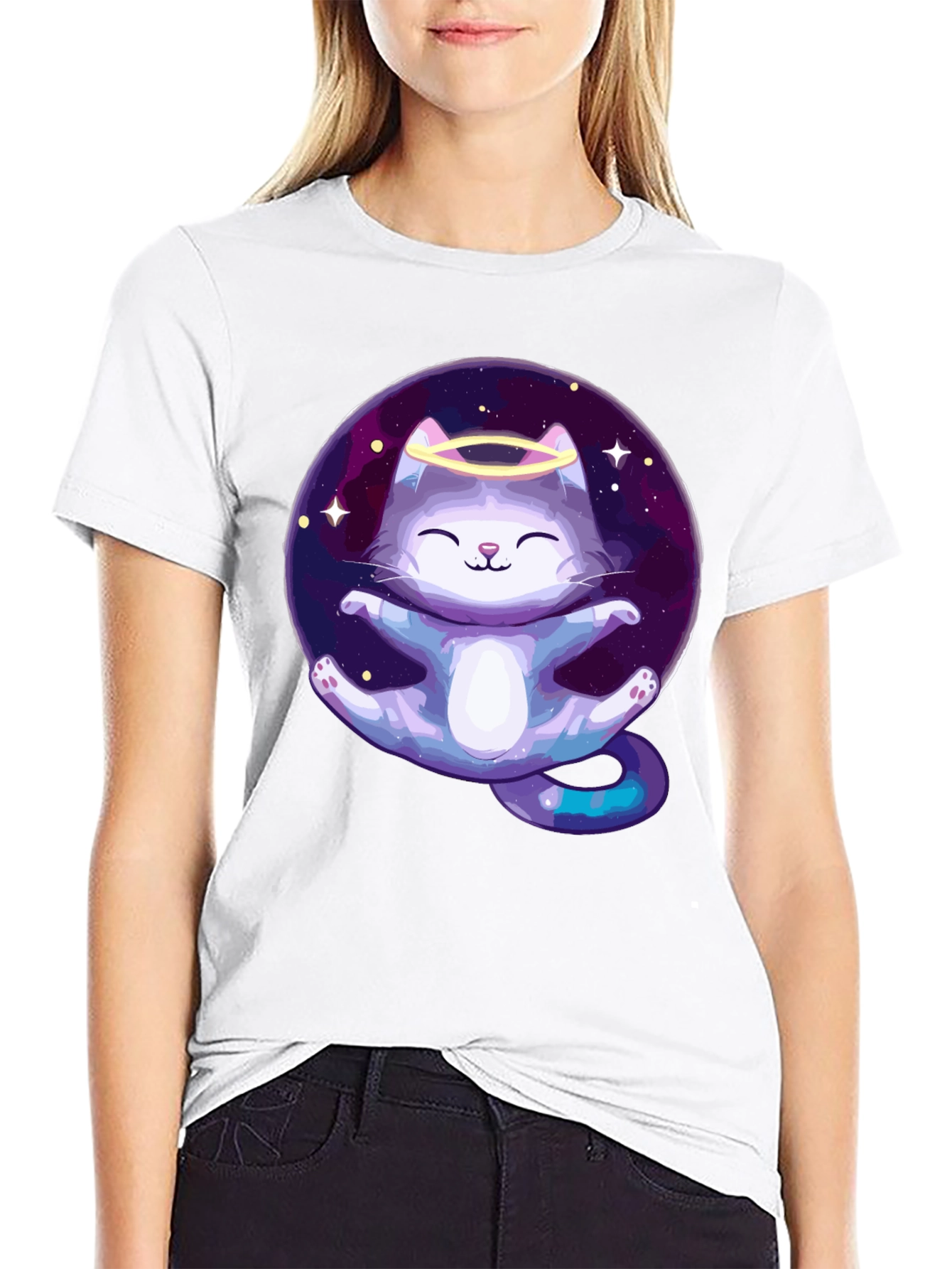 Cosmic Cat Angel T-Shirt - Black Cotton Tee