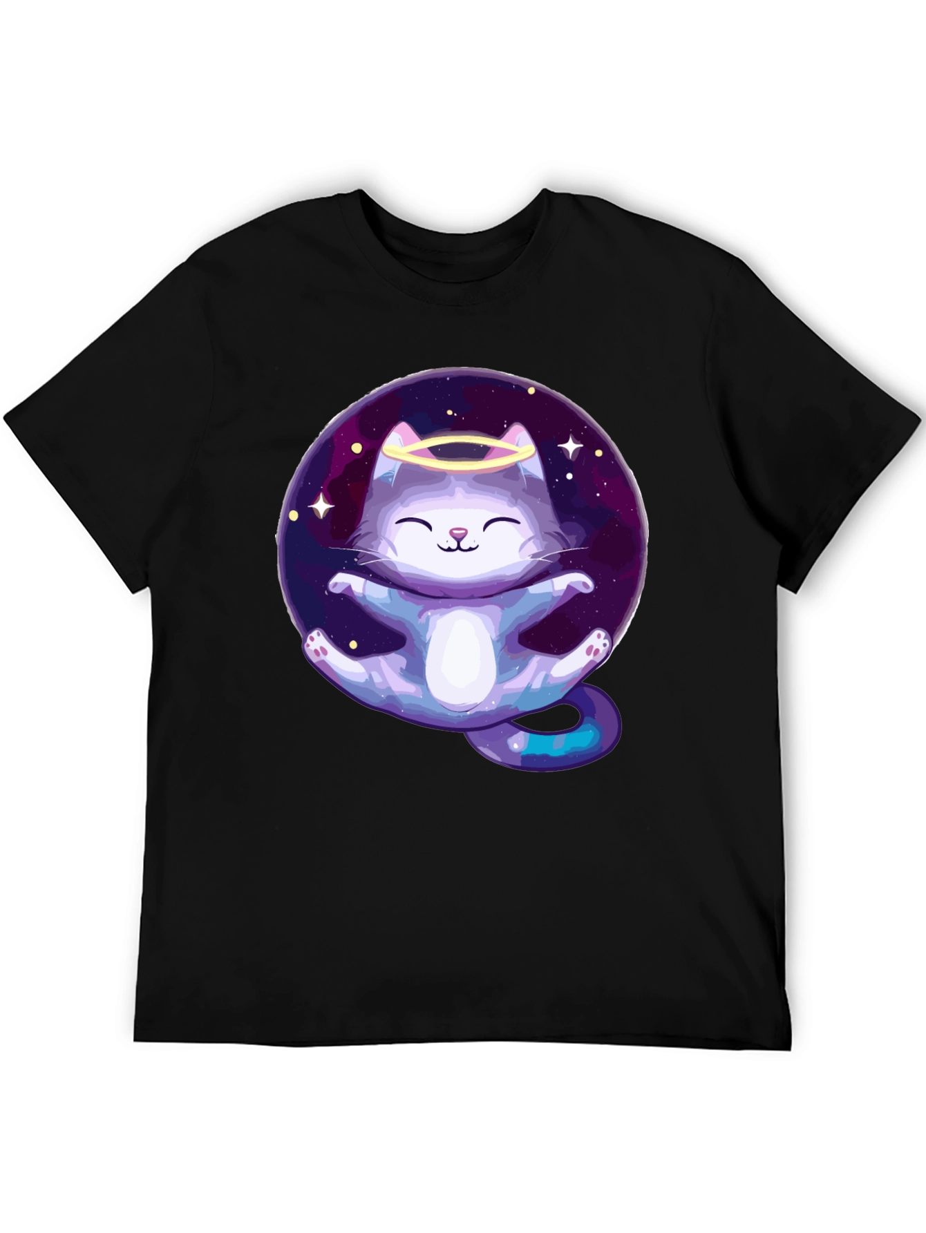 Cosmic Cat Angel T-Shirt - Black Cotton Tee