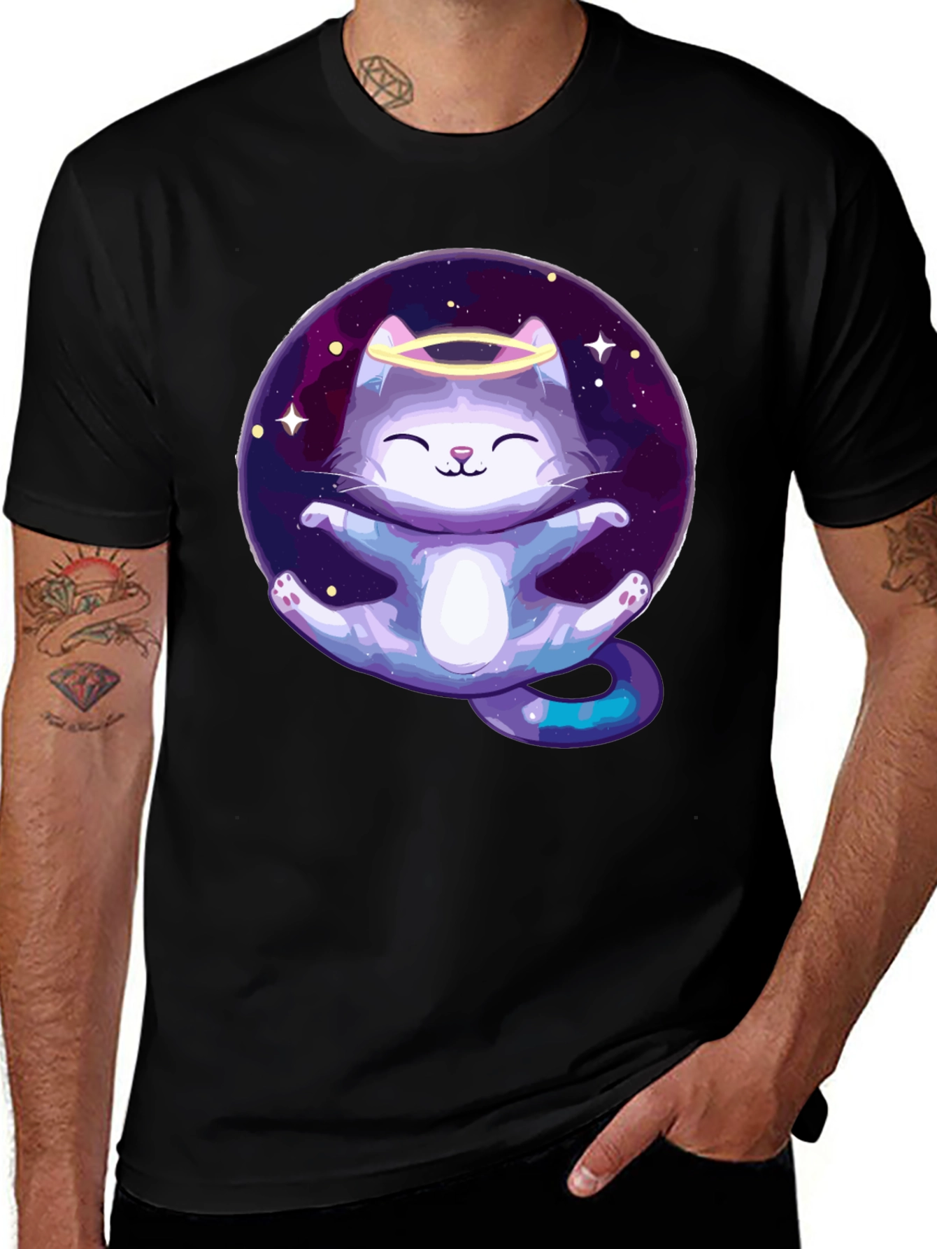 Cosmic Cat Angel T-Shirt - Black Cotton Tee