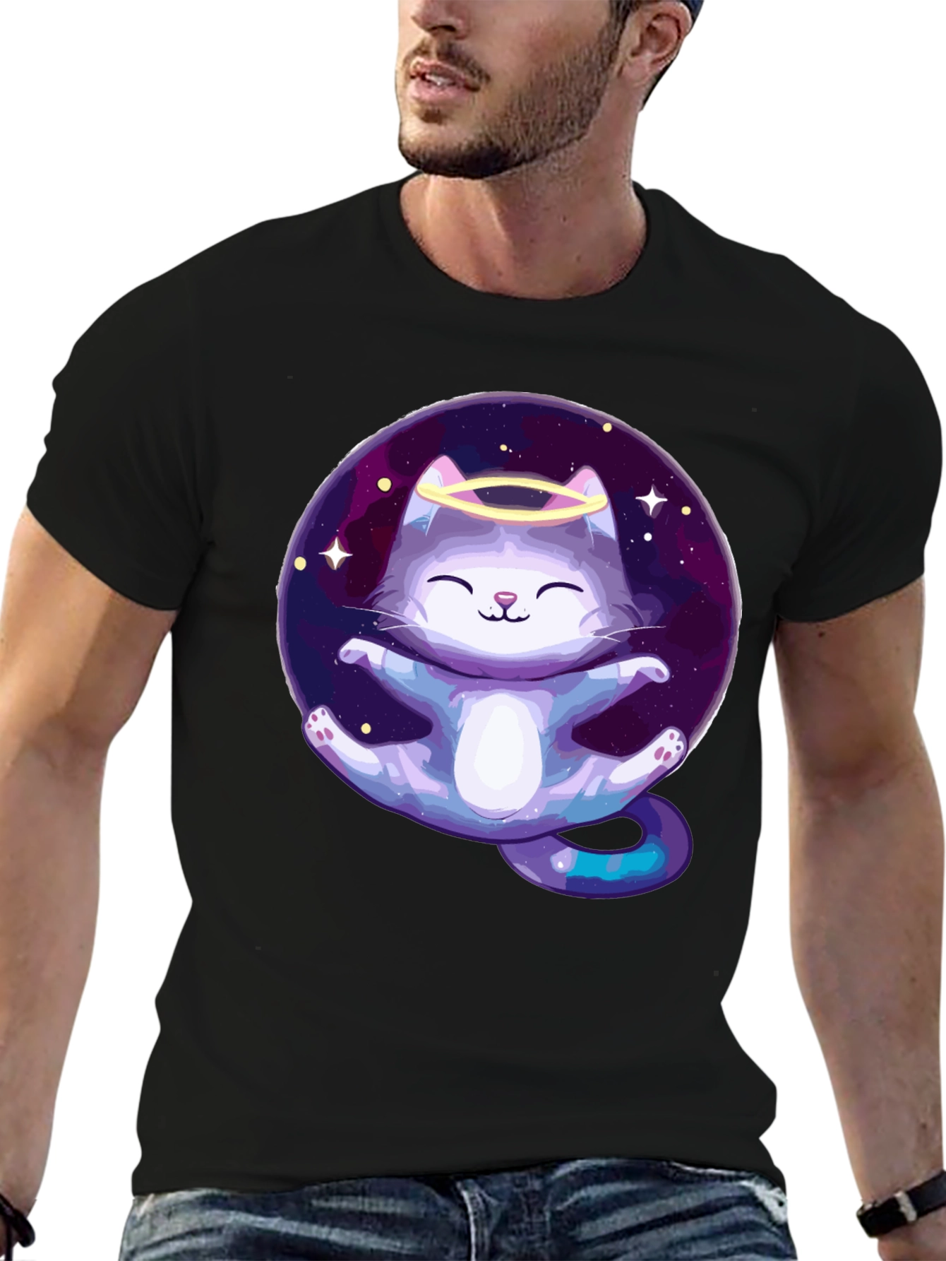 Cosmic Cat Angel T-Shirt - Black Cotton Tee
