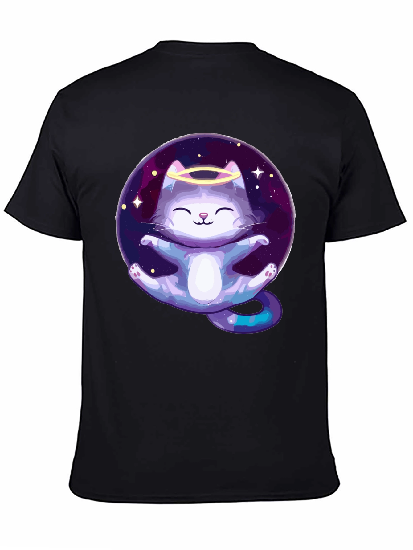 Cosmic Cat Angel T-Shirt - Black Cotton Tee