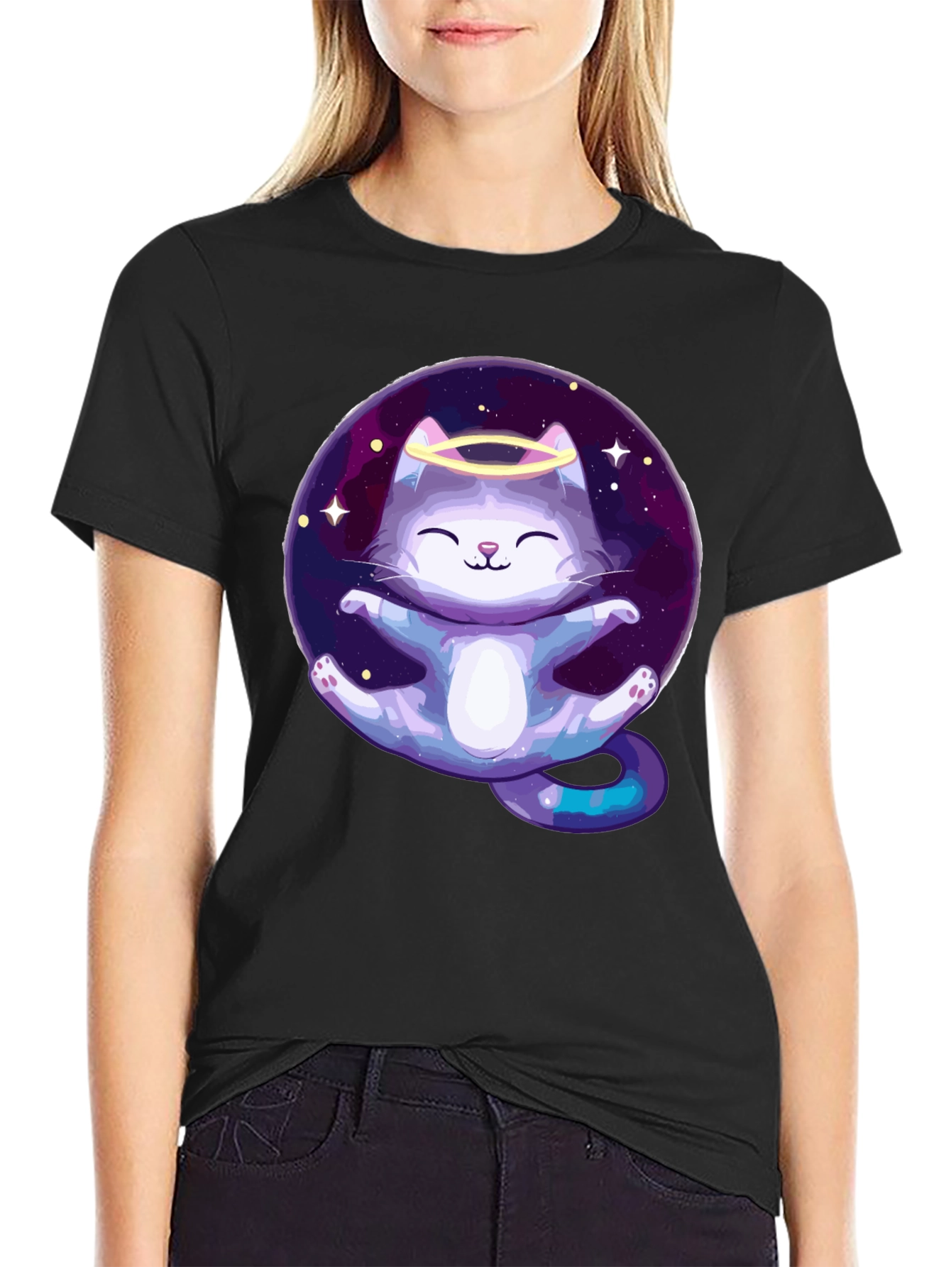 Cosmic Cat Angel T-Shirt - Black Cotton Tee