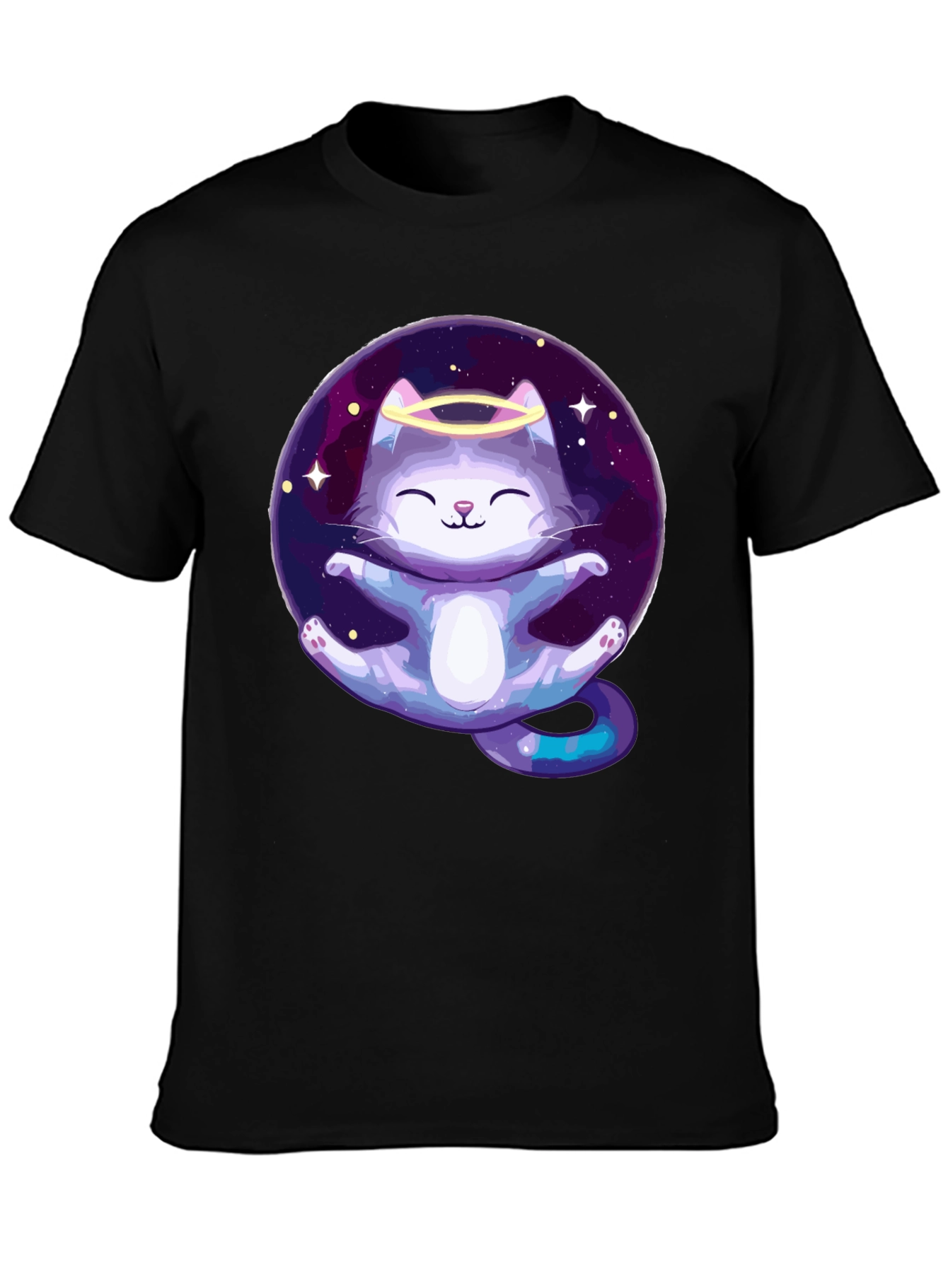 Cosmic Cat Angel T-Shirt - Black Cotton Tee
