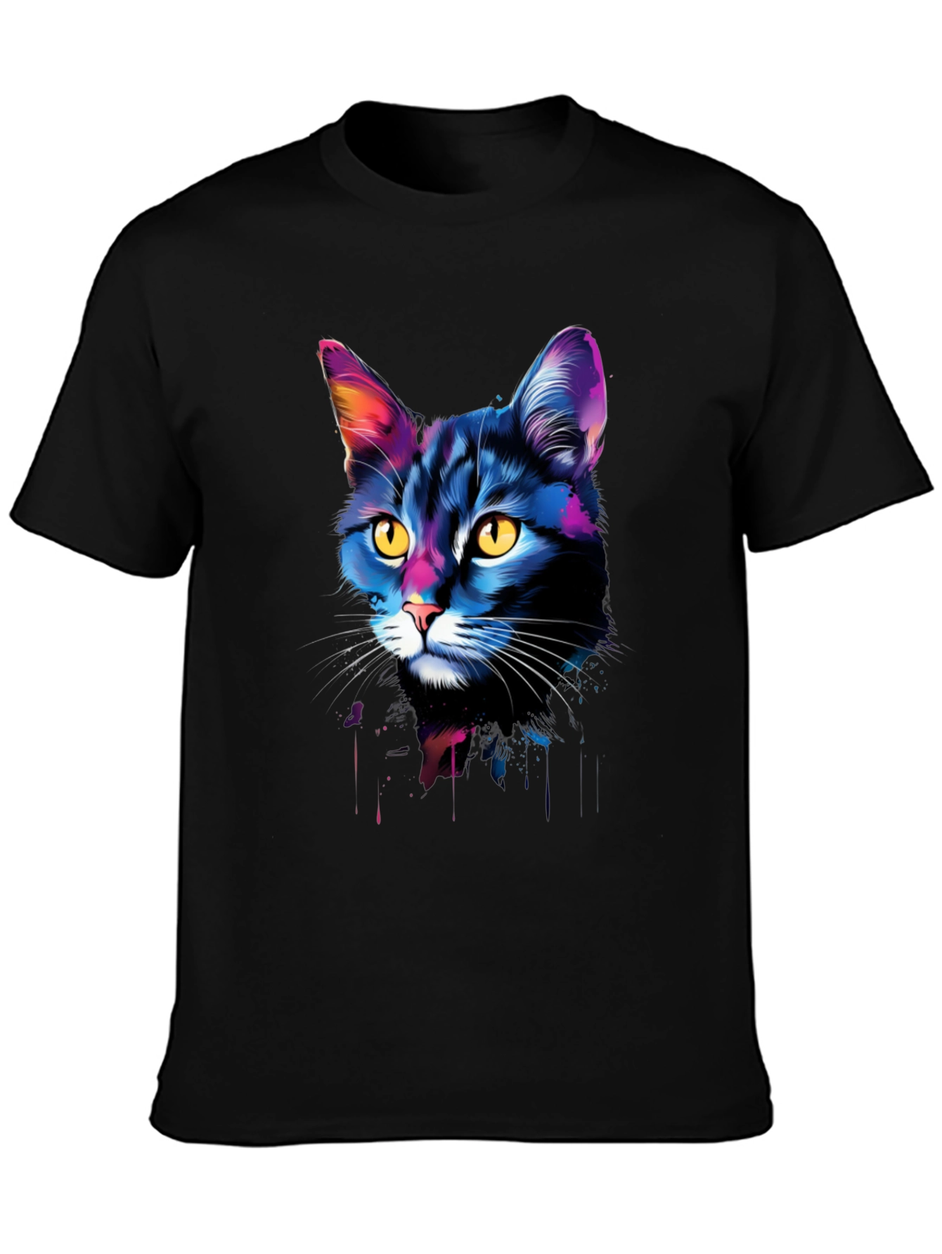 Vibrant Cat Portrait Graphic Tee - Black