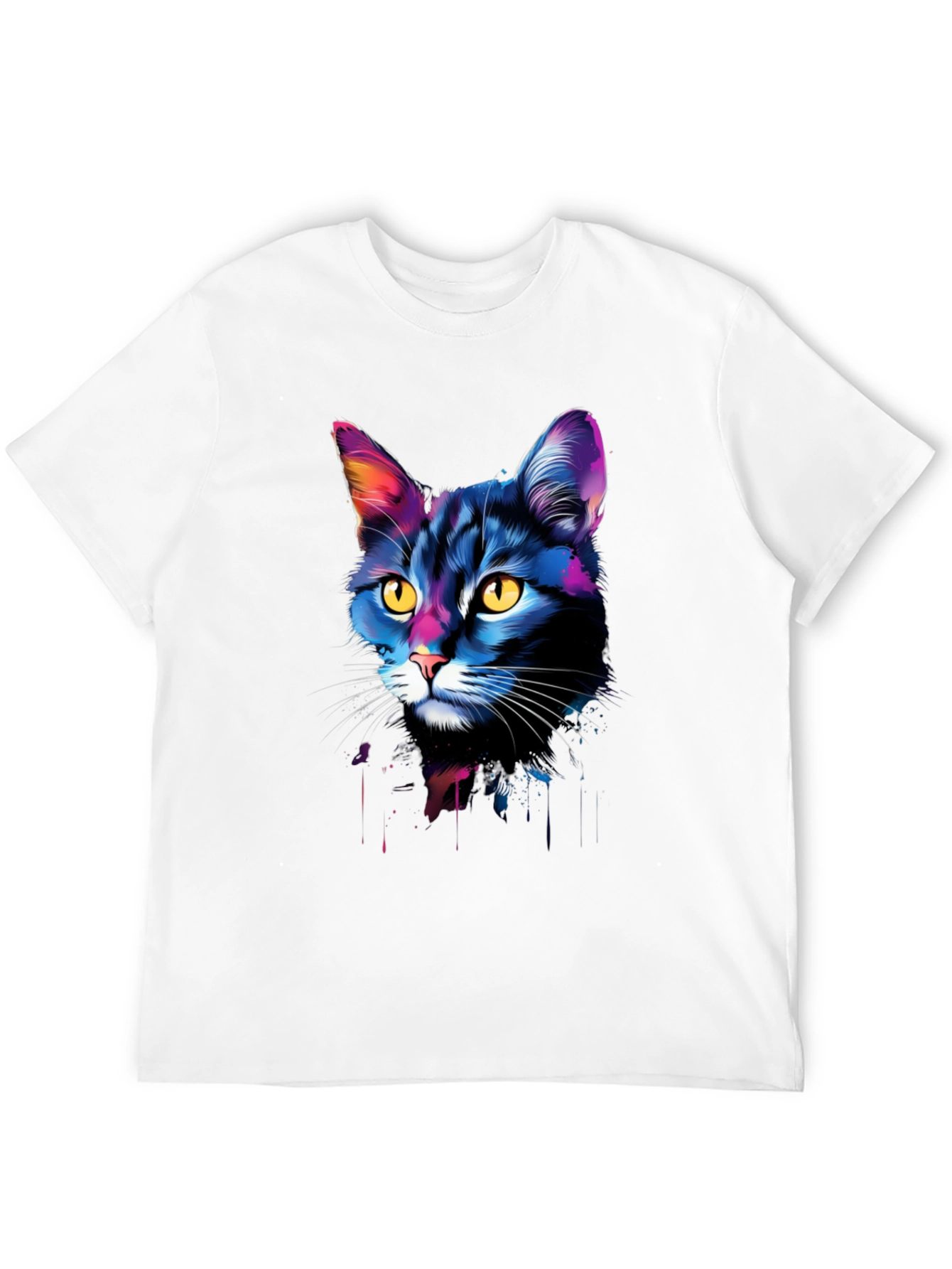 Vibrant Cat Portrait Graphic Tee - Black