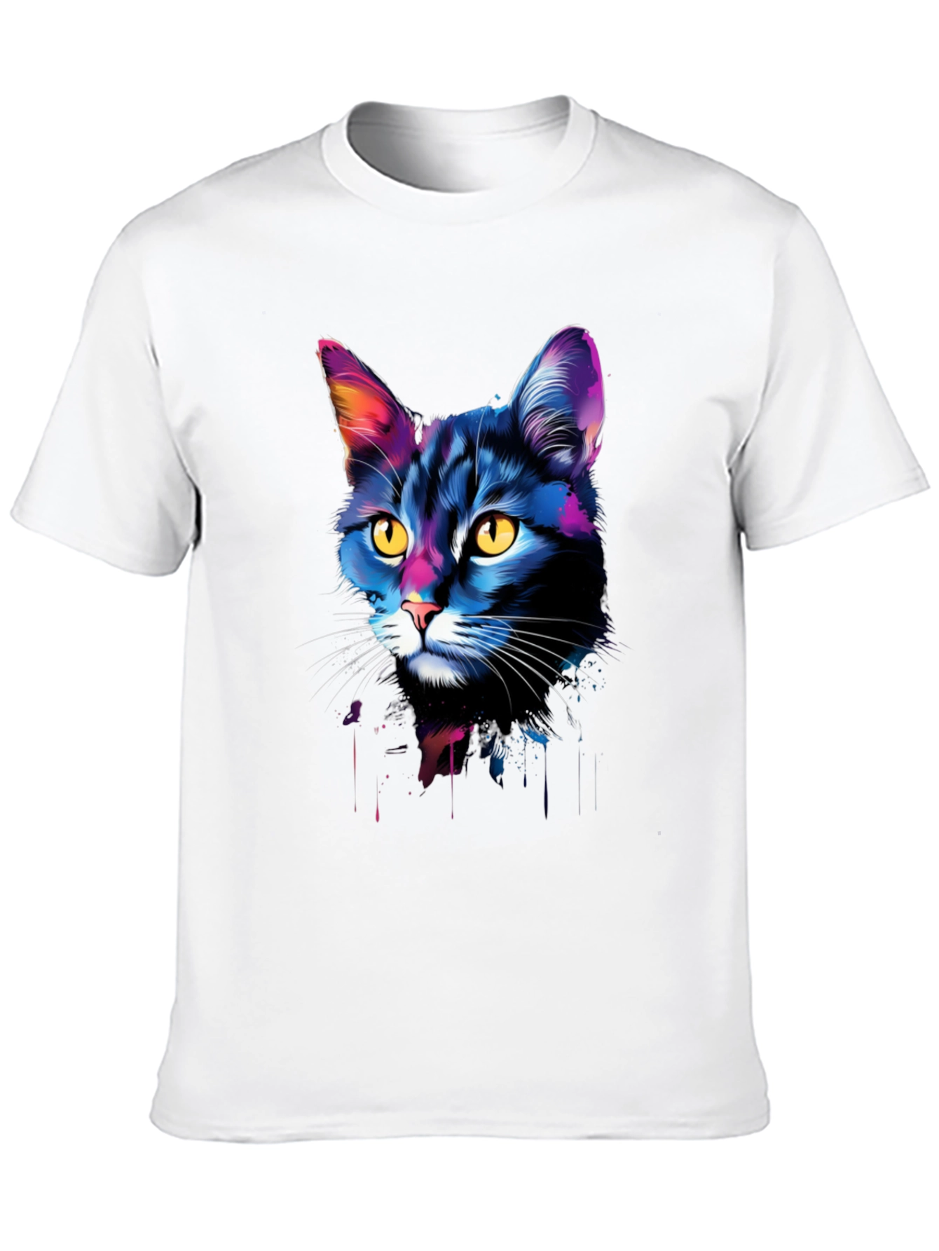 Vibrant Cat Portrait Graphic Tee - Black