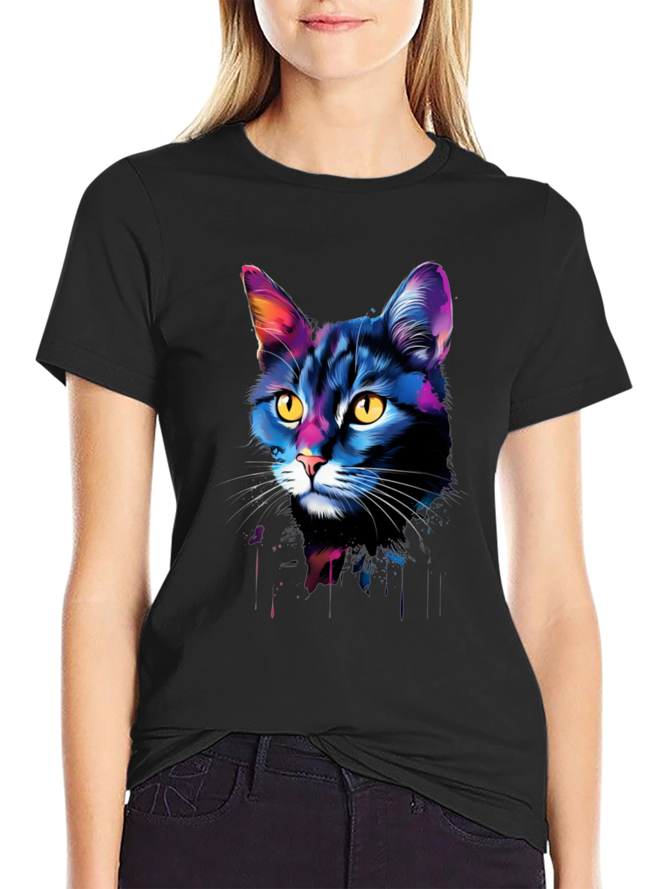 Vibrant Cat Portrait Graphic Tee - Black