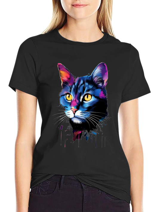 Vibrant Cat Portrait Graphic Tee - Black