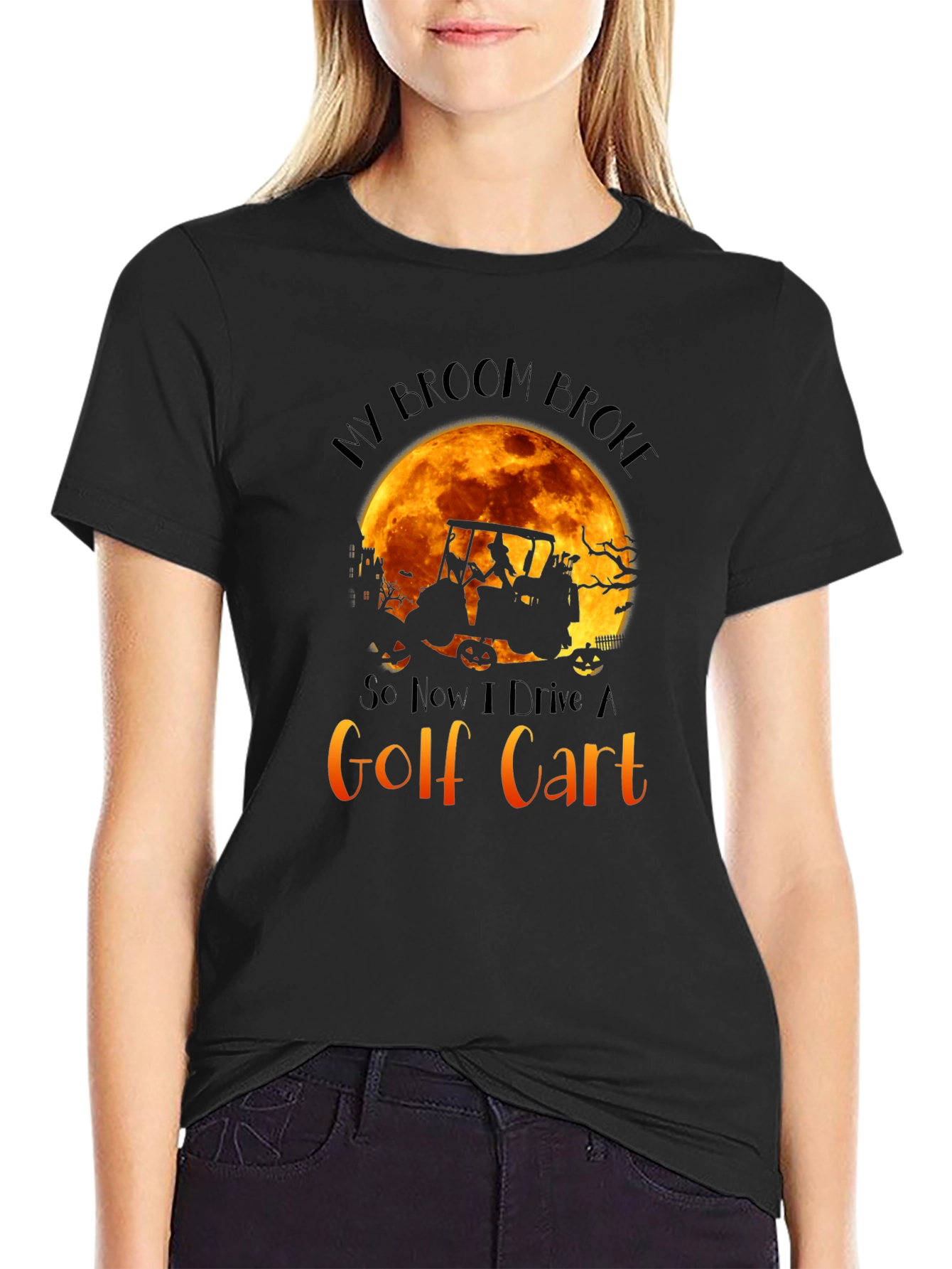 Halloween Golf Cart T-Shirt: My Broom Broke Tee