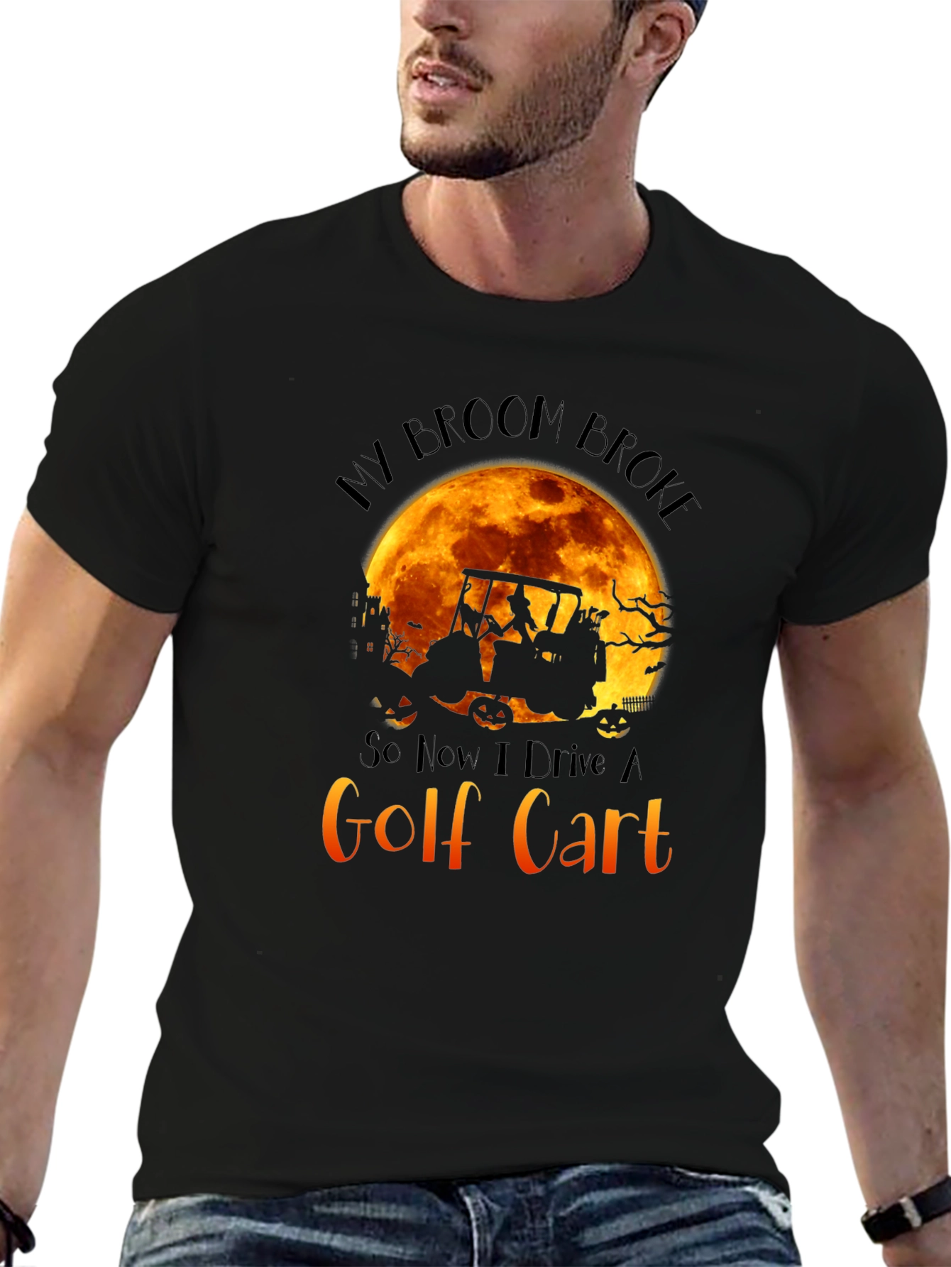 Halloween Golf Cart T-Shirt: My Broom Broke Tee