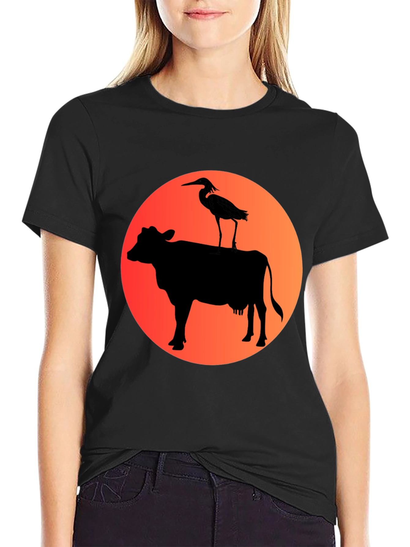 Cow & Heron Graphic T-Shirt - Black