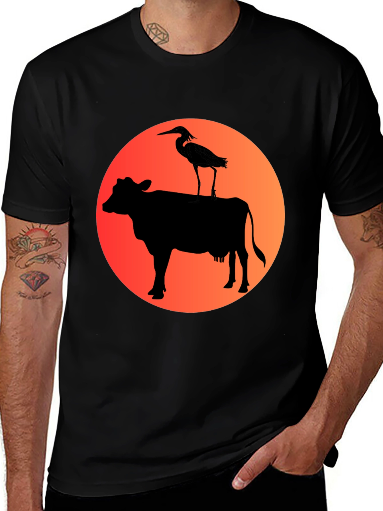 Cow & Heron Graphic T-Shirt - Black