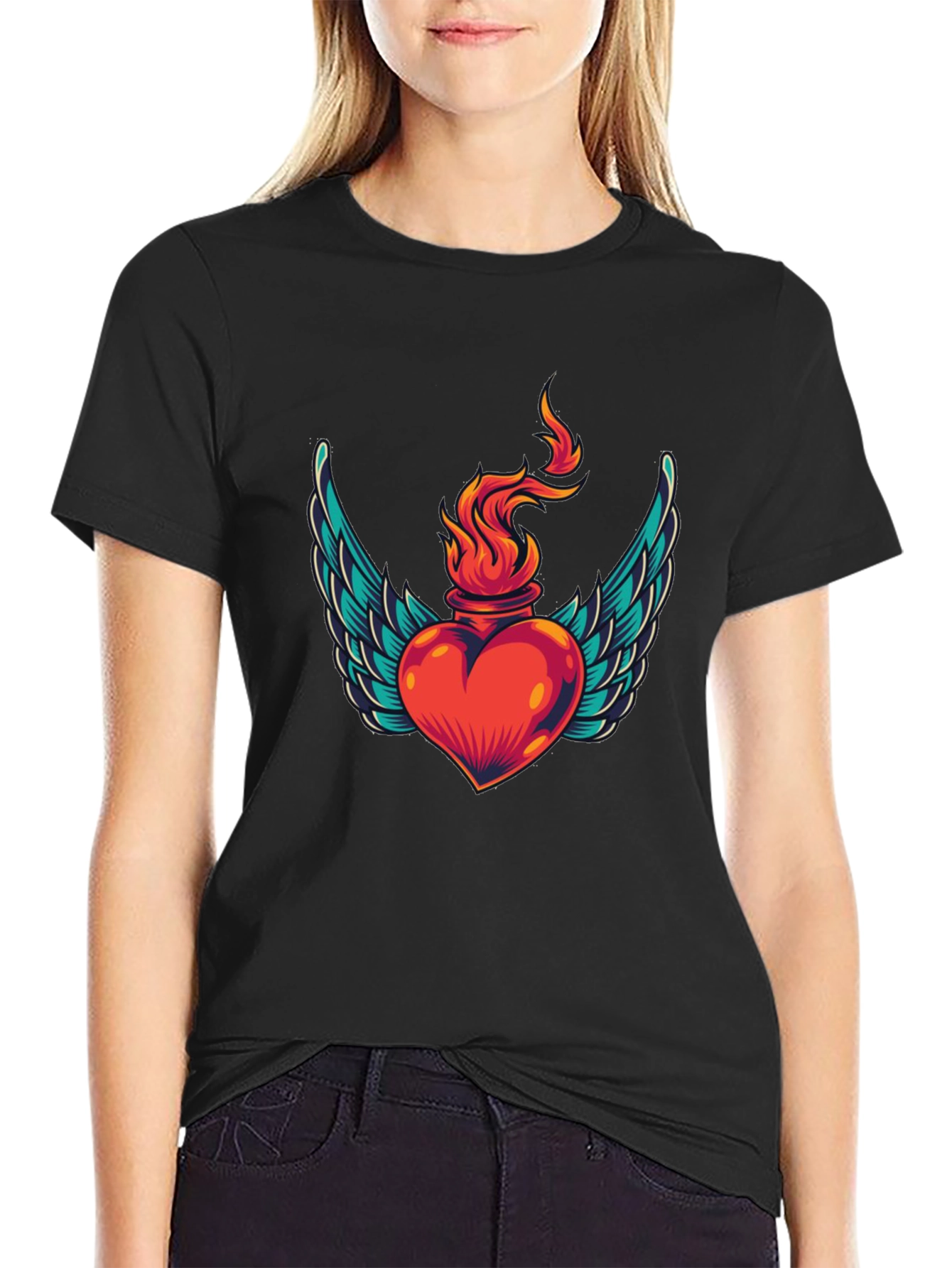 Winged Heart Flame Graphic Tee - Stylish Black T-Shirt