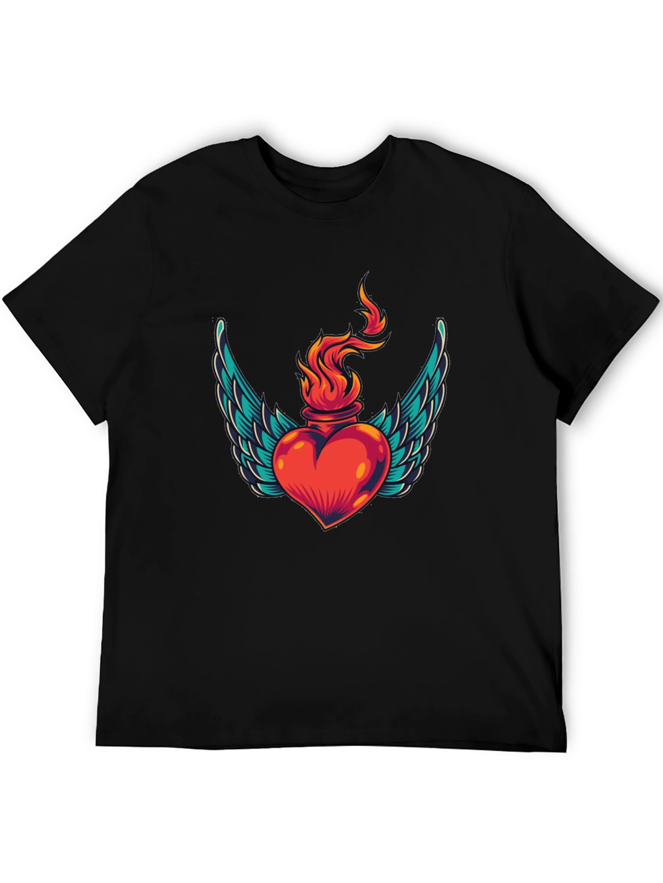 Winged Heart Flame Graphic Tee - Stylish Black T-Shirt