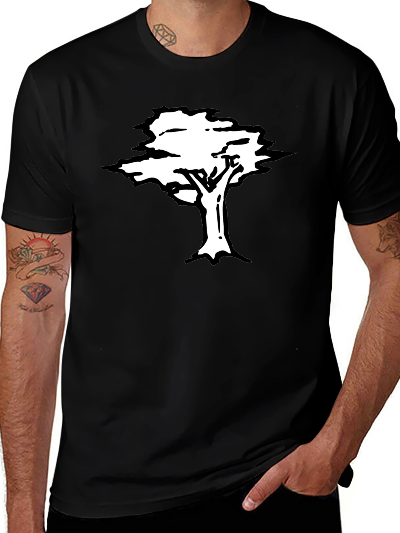 Black T-Shirt with White Tree Graphic
