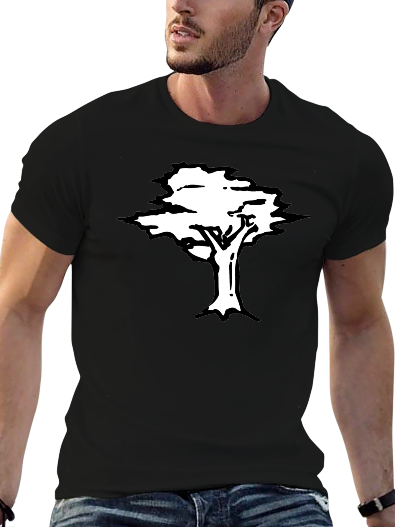 Black T-Shirt with White Tree Graphic