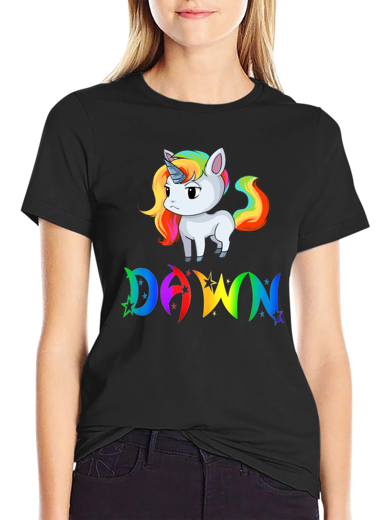 Unicorn DAWN Rainbow Graphic Black T-Shirt