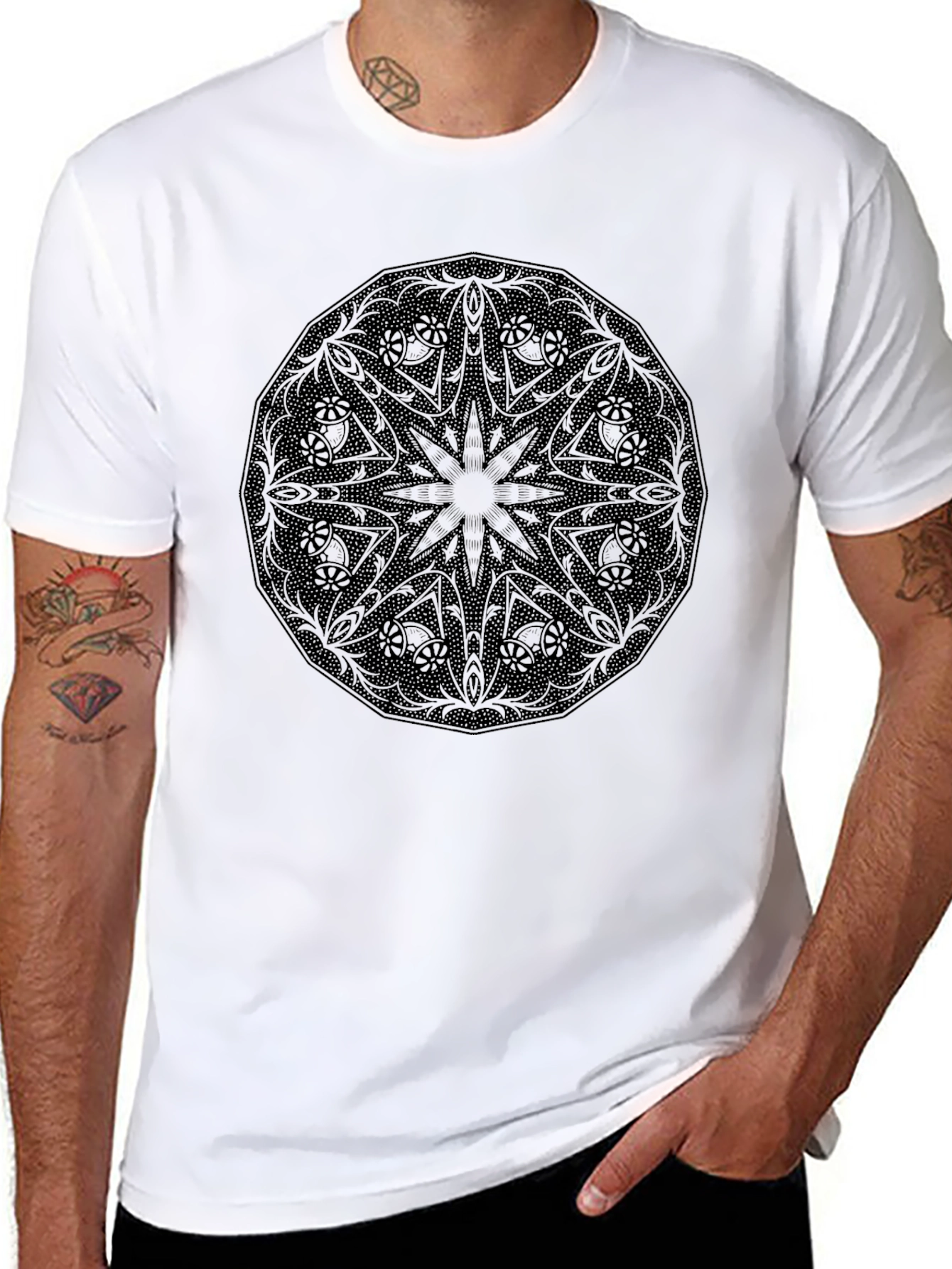 Black Mandala Graphic Tee - Modern Casual Shirt
