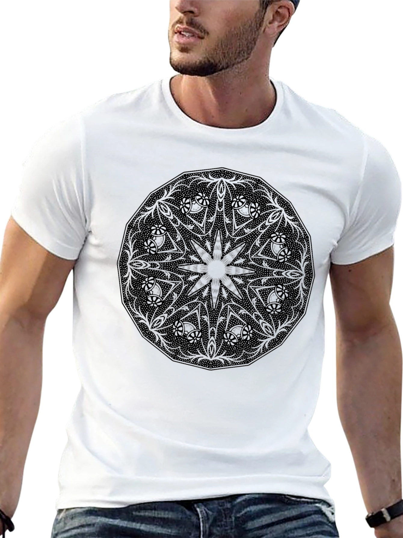 Black Mandala Graphic Tee - Modern Casual Shirt