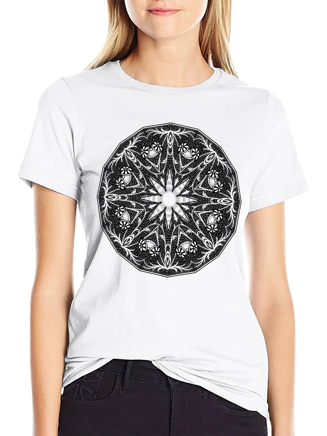 Black Mandala Graphic Tee - Modern Casual Shirt