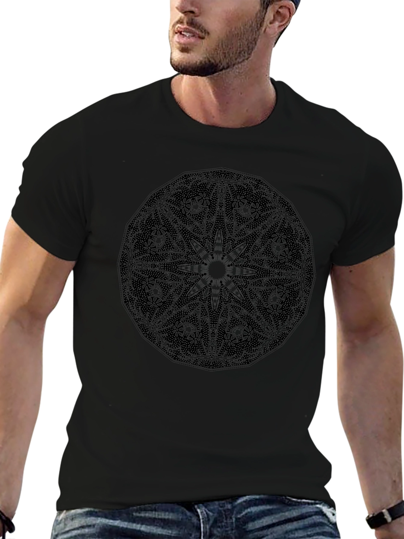 Black Mandala Graphic Tee - Modern Casual Shirt
