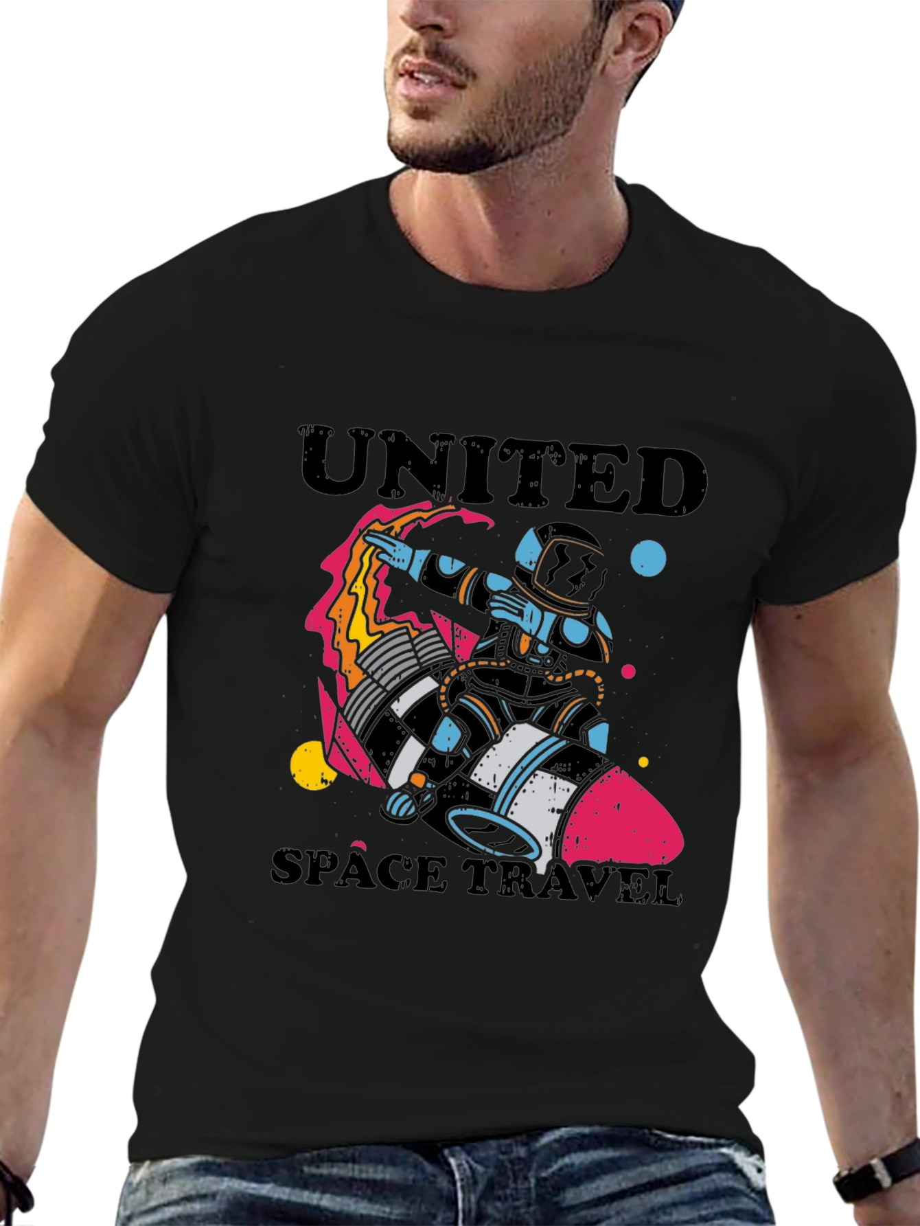 United Space Travel Black Graphic T-Shirt