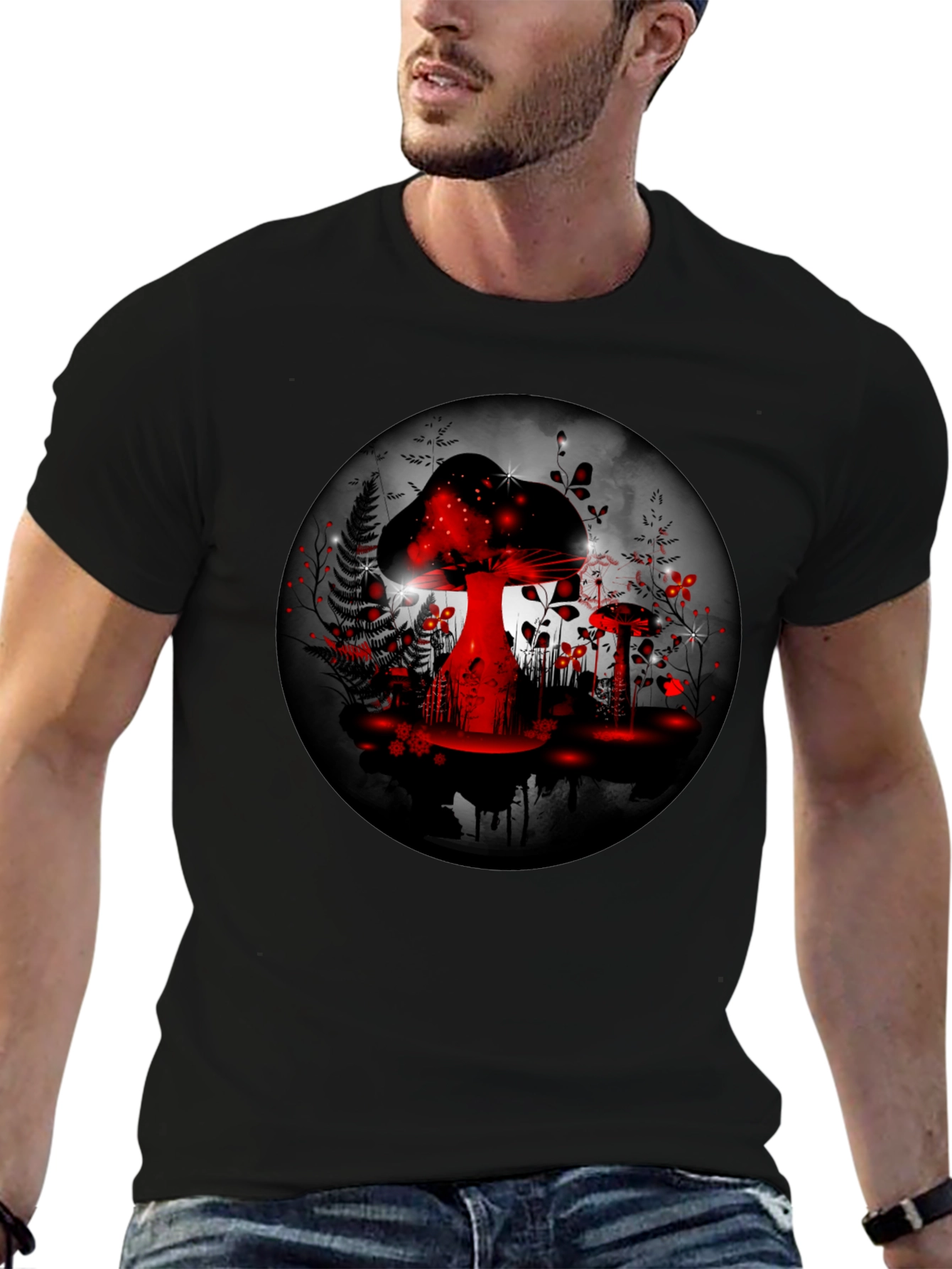 Mushroom Forest Graphic Tee - Black Cotton Blend