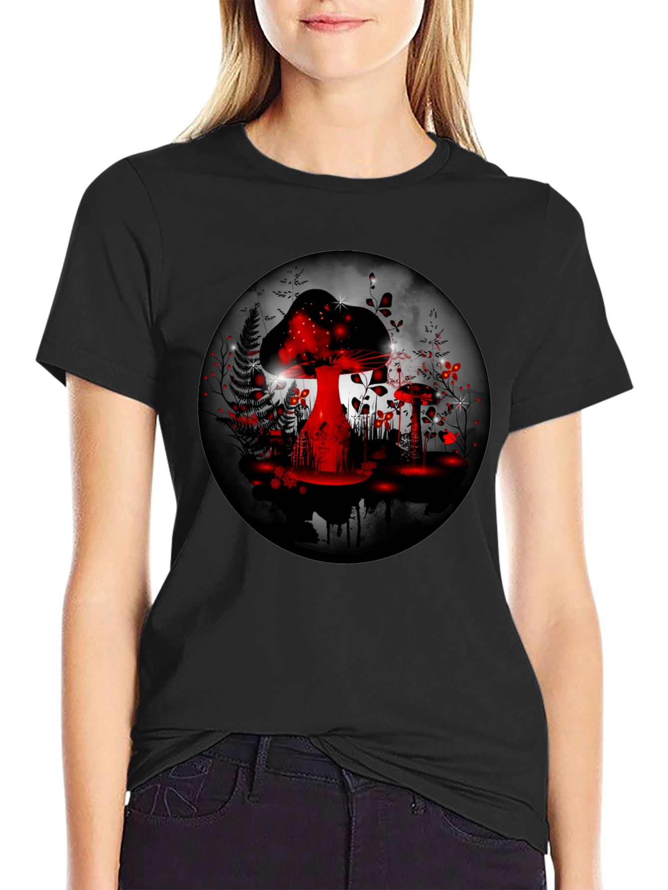 Mushroom Forest Graphic Tee - Black Cotton Blend