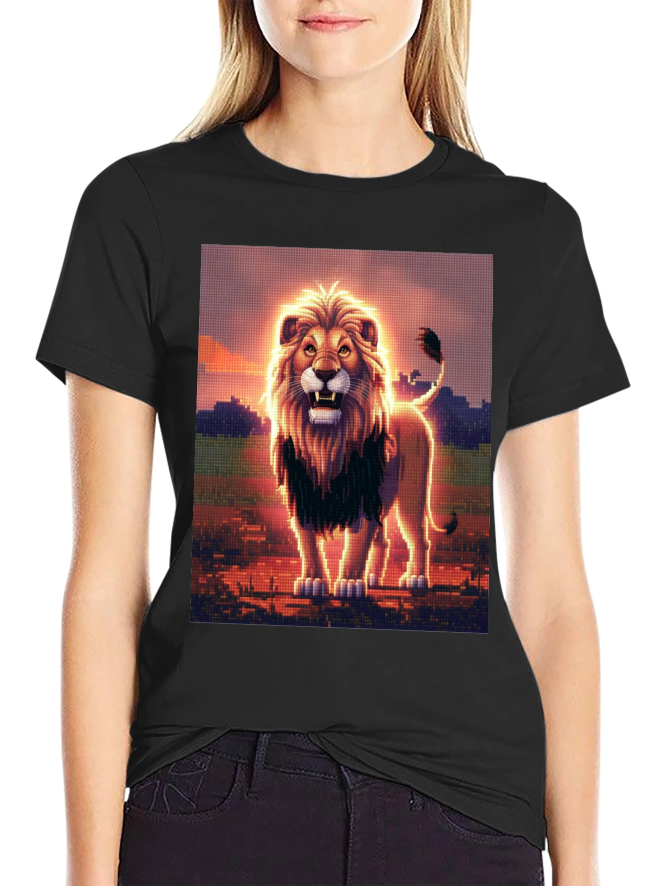 Lion Graphic Print Black Crew Neck T-Shirt