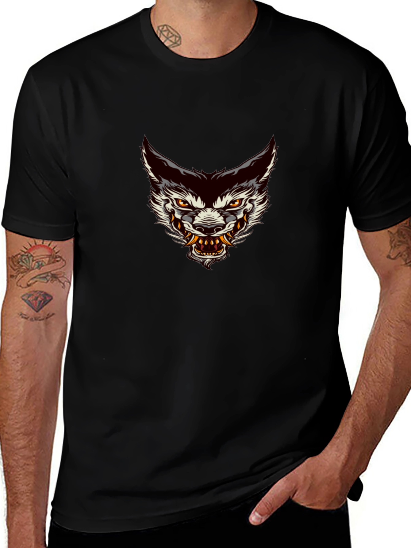 Mens Black Graphic Tee - Wolf Head Design