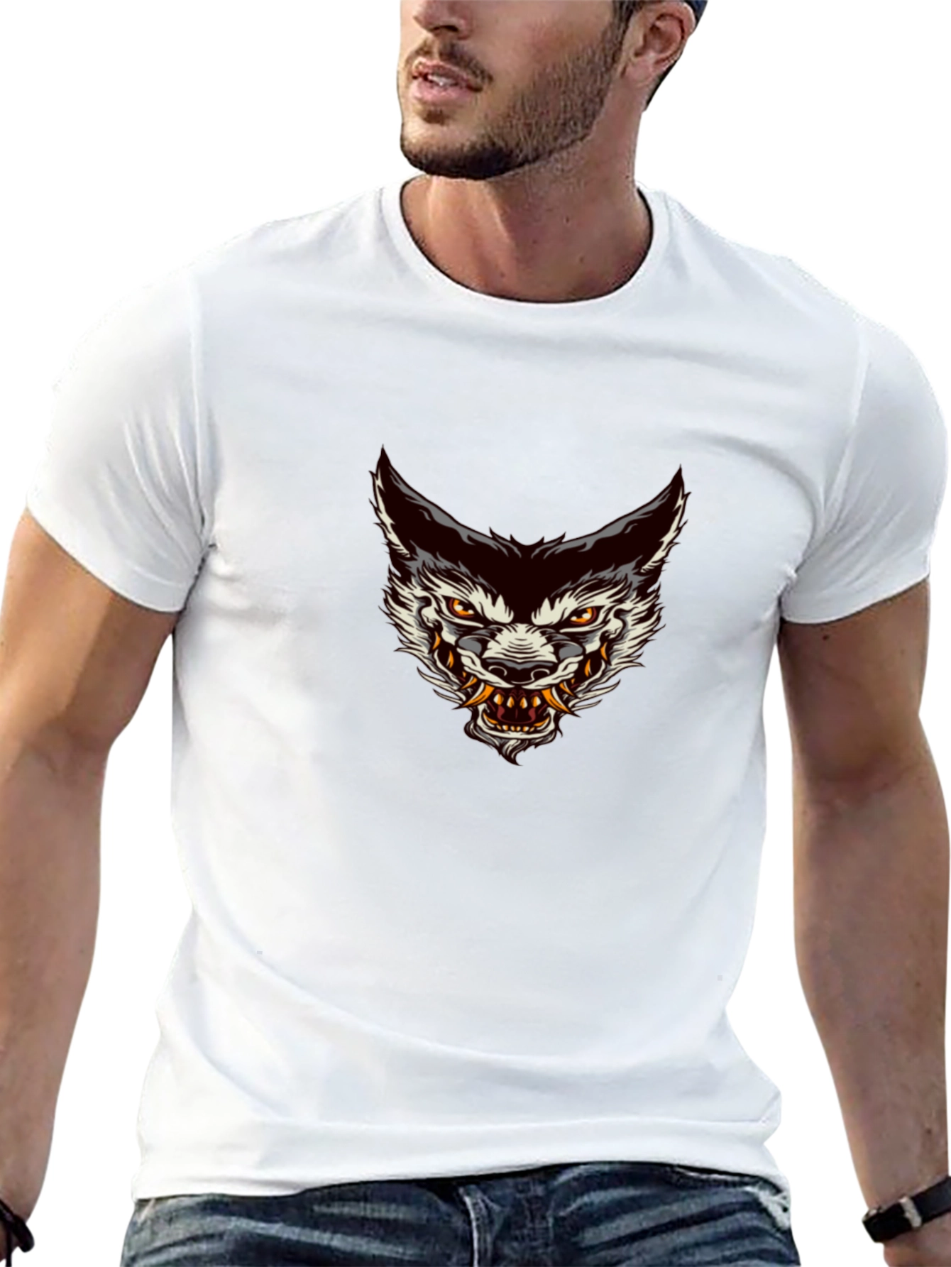 Mens Black Graphic Tee - Wolf Head Design