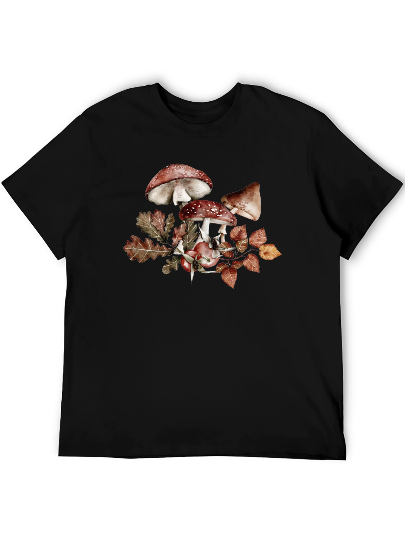 Mushroom & Leaves Graphic Tee - Black Cotton