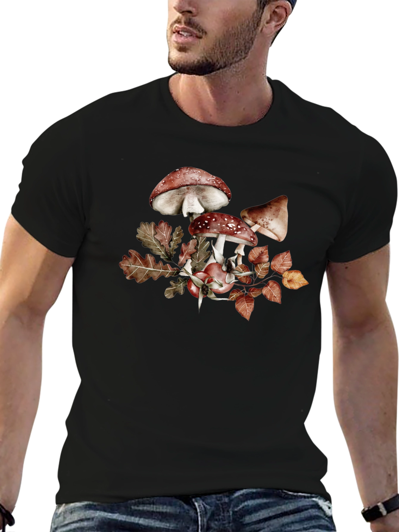 Mushroom & Leaves Graphic Tee - Black Cotton