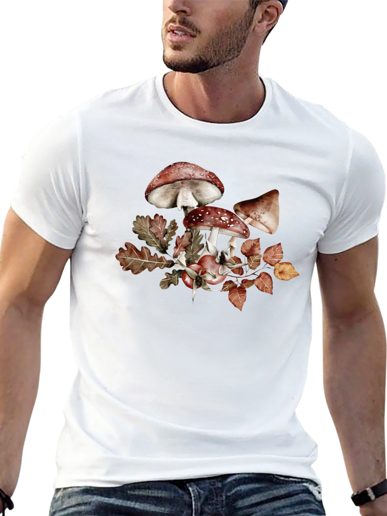 Mushroom & Leaves Graphic Tee - Black Cotton