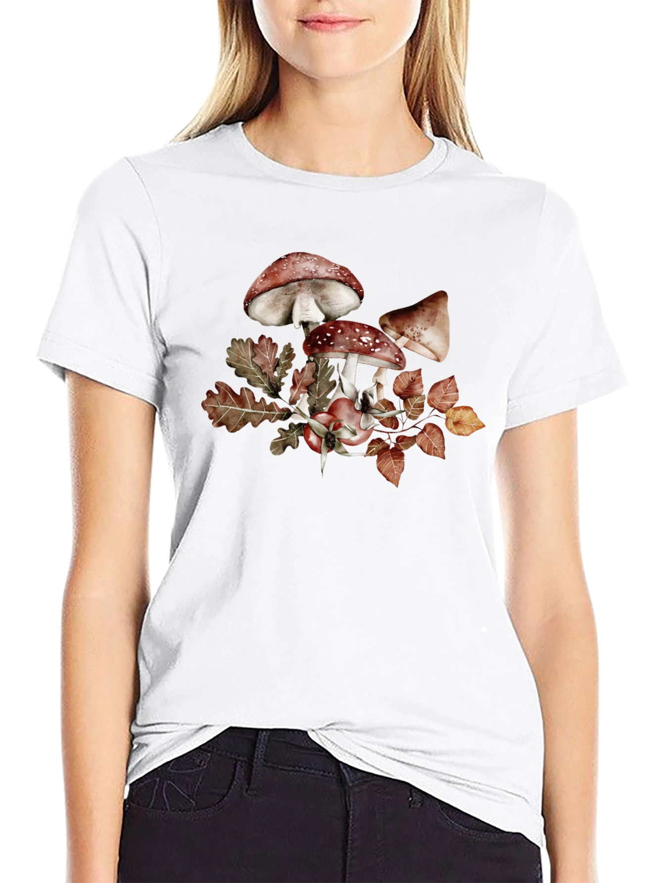 Mushroom & Leaves Graphic Tee - Black Cotton